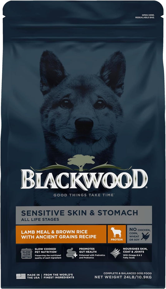 Blackwood Sensitive Skin & Stomach Dry Dog Food, Lamb Meal & Brown Rice with Ancient Grains, 24 Pound Bag with Prebiotics & Probiotics to Promote Gut Health