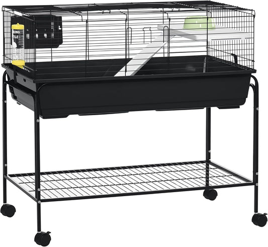 PawHut Two-Story Small Animal Cage Removable from Stand, Guinea Pig Cage with Shelf & Wheels, Pet Habitat for Hedgehog, Chinchilla, Ferret, 39" x 20.5" x 36.5", Black