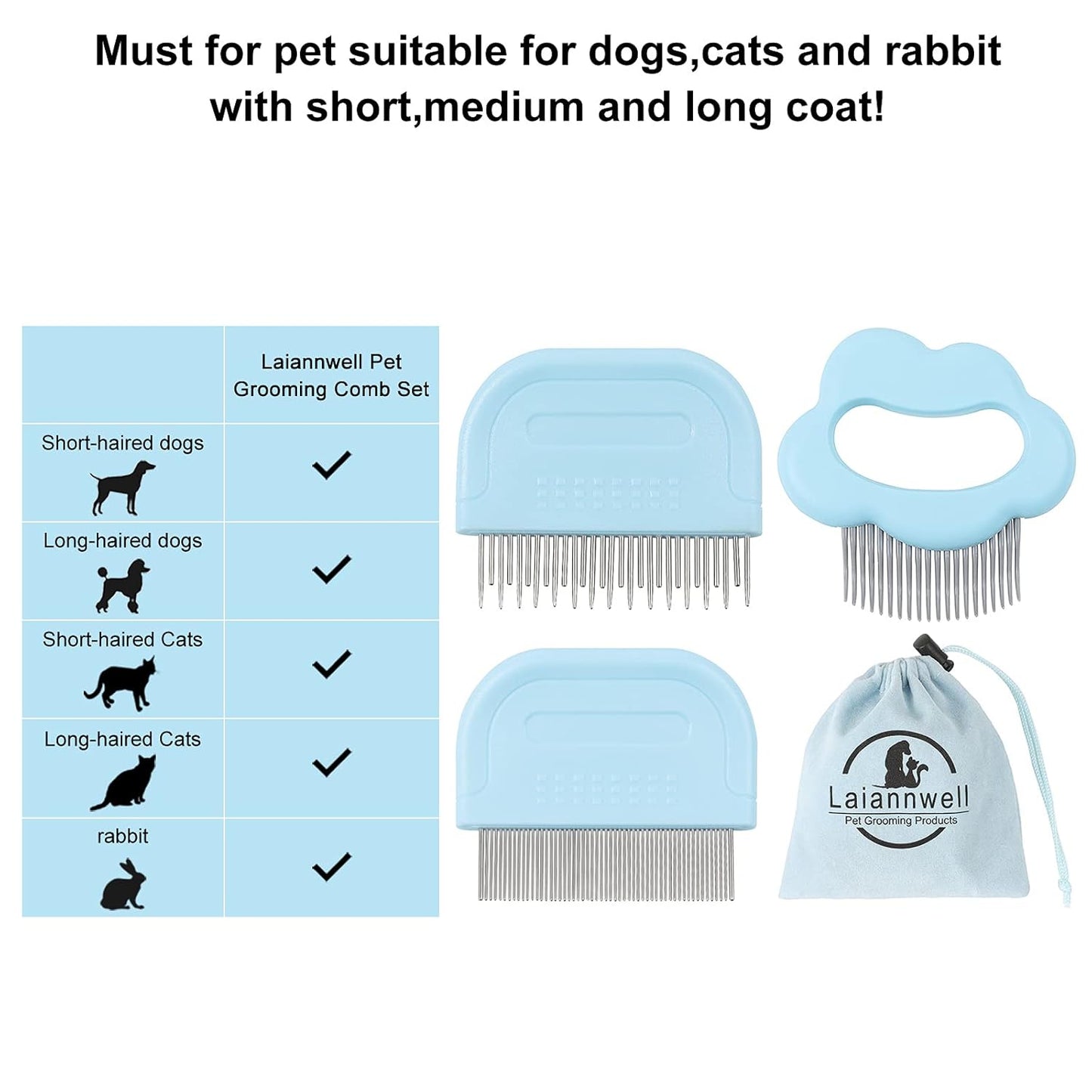 Pet Grooming Supplies, Massaging Comb for Removing Matted Fur and Knots/Tangles, Perfect for Long and Short Hair Pets (3 Packs)