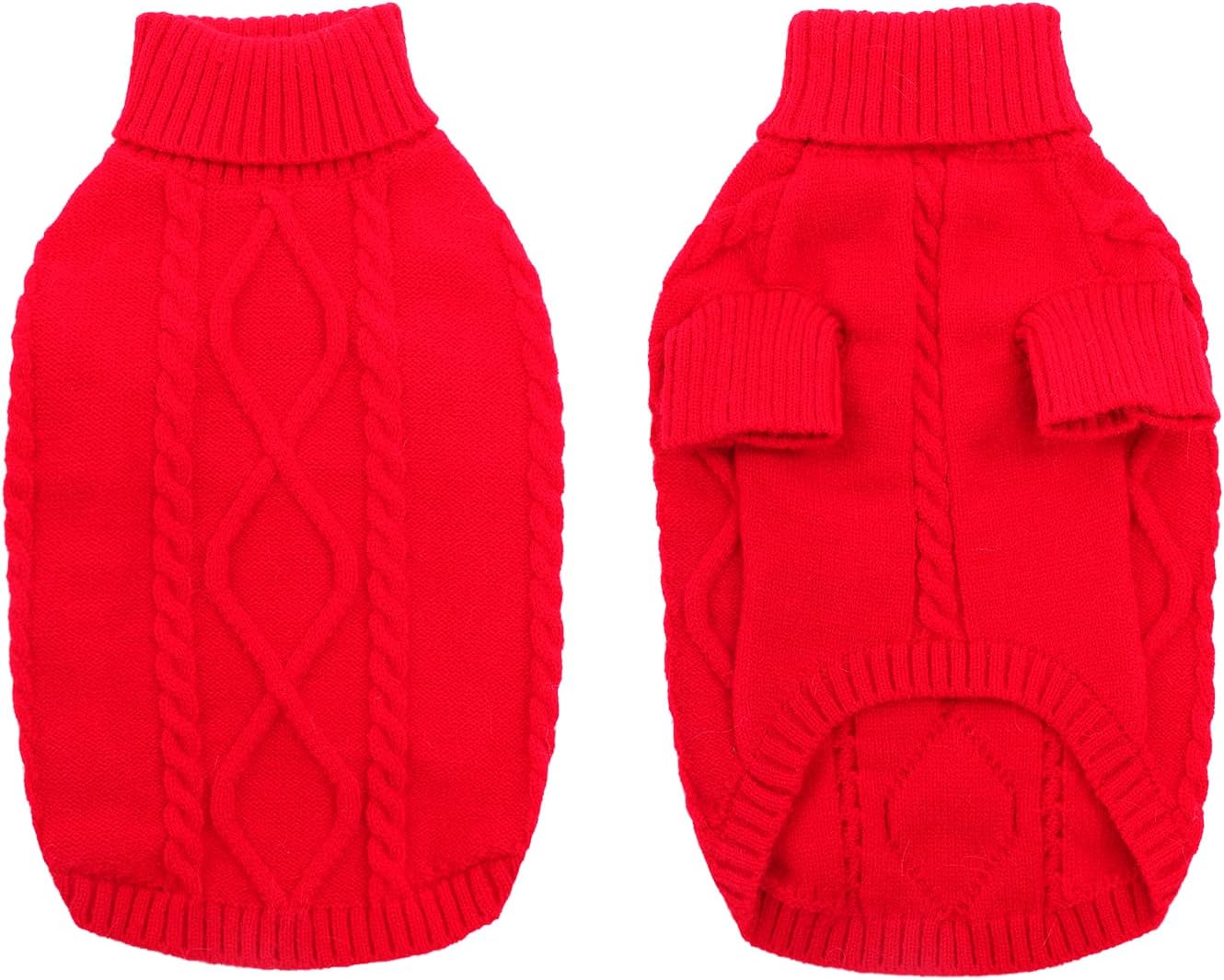Queenmore Small Dog Pullover Sweater, Cold Weather Cable Knitwear, Classic Turtleneck Thick Warm Clothes for Chihuahua, Bulldog, Dachshund, Pug (Red, Large)