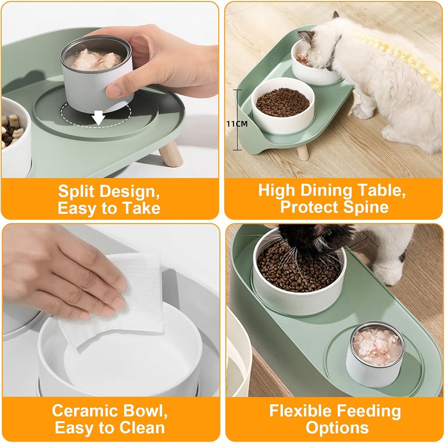 Elevated Dog Bowls Set, Ceramic Pet Food & Water Bowls with Non-Slip Stand, No Spill Design for Cats/Small Medium Dogs Green