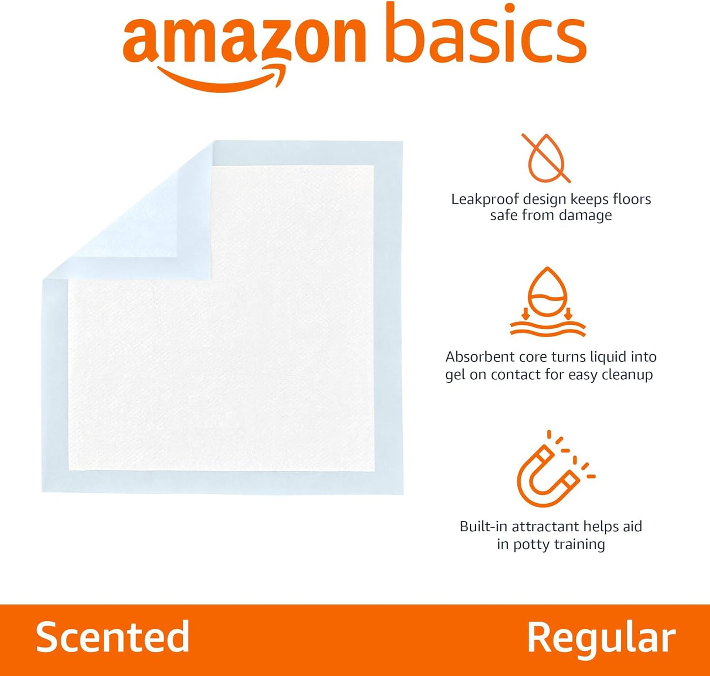 Amazon Basics Scented Dog and Puppy Pee Pads, 5-Layer Leak-Proof Super Absorbent, Quick-Dry Surface, Potty Training, Regular (22x22"), 50 Count, Blue & White