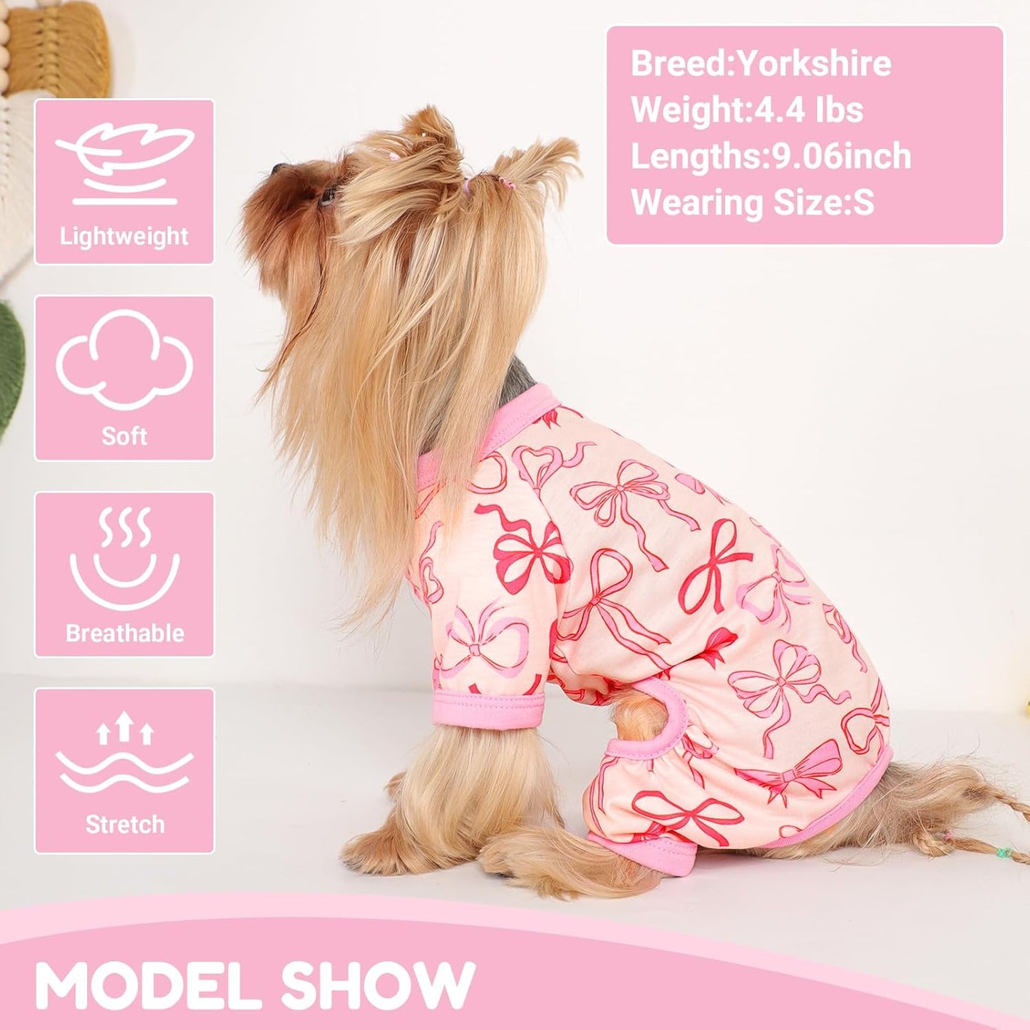 Dog Pajamas Small Sized Dogs Stretchable Summer Dog Clothes Pjs 4 Legs Girl Boy Cute Soft Puppy Outfits Doggie Cat Jammies Jumpsuit Sleeper for Pet (Bow Tie, X-Small)