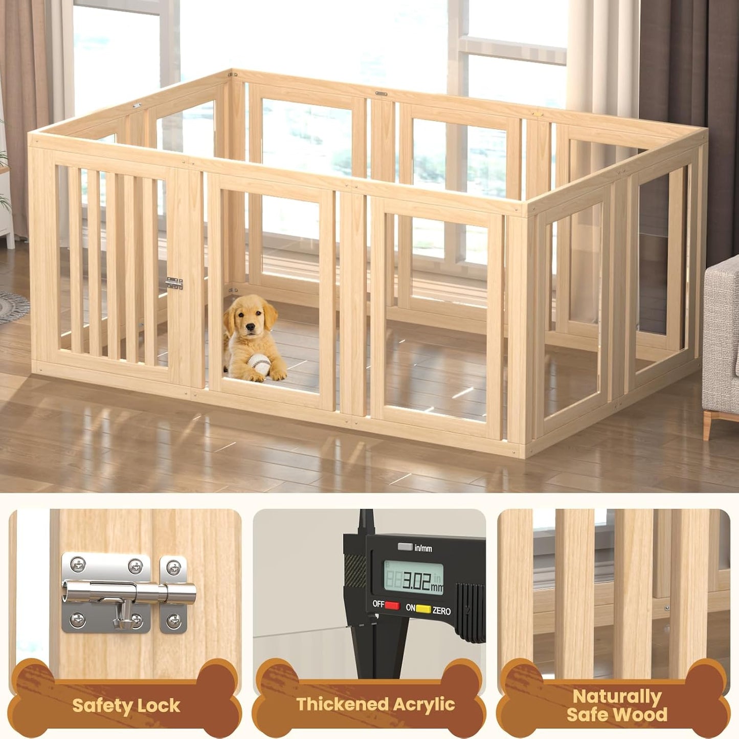 10 Panels Dog Playpen with Door, 23.6" H Pet Playpen Indoor, Clear Acrylic Puppy Playpens, Wooden Puppy Fence with Gate, Transparent Dog Pens, Pet Pen Indoor for Dogs, Cats, Rabbit (Wood)