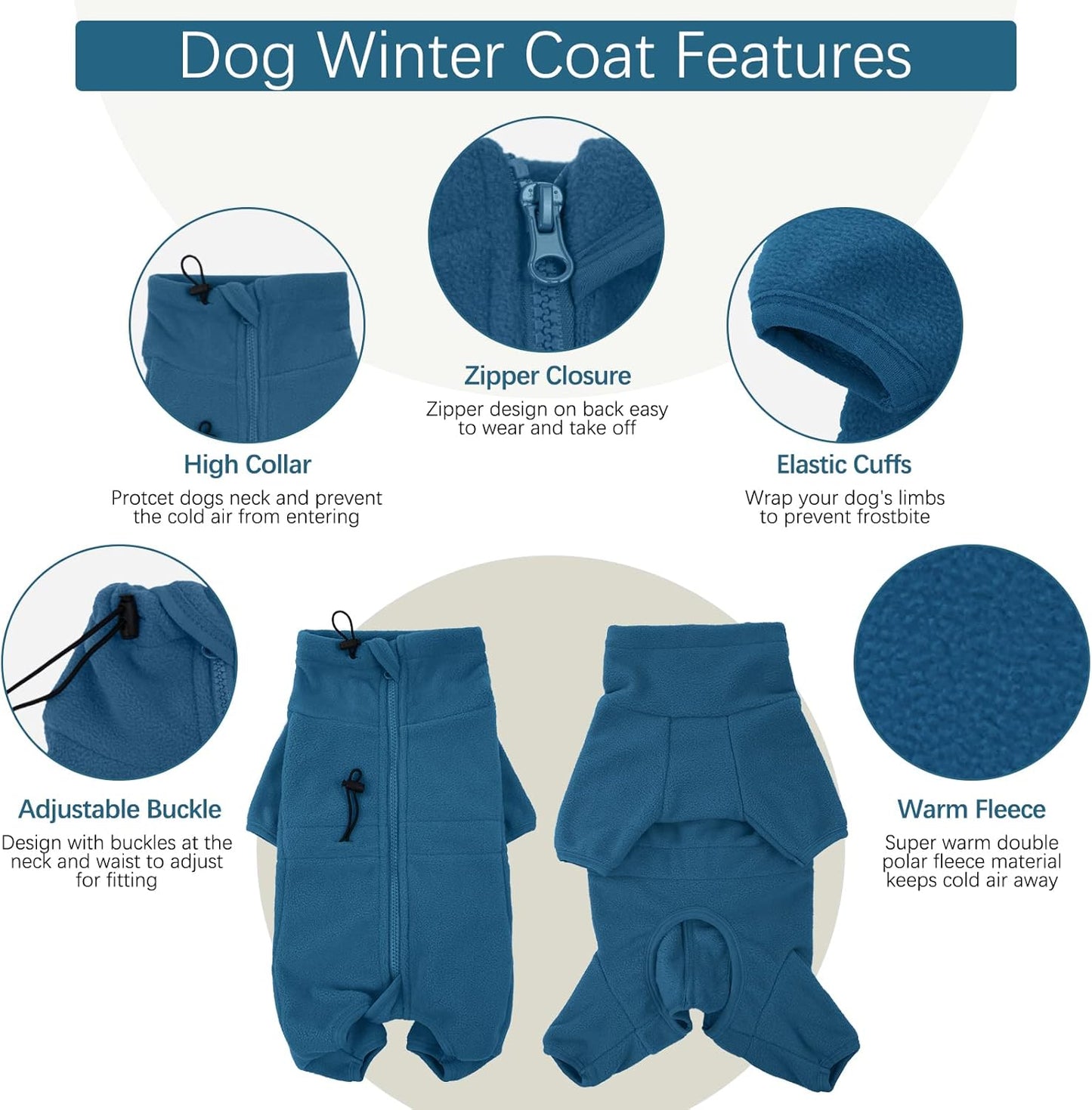 ROZKITCH Fleece Full Body Dog Suit, Pet Windproof Warm Cold Weather Jacket Vest Cozy Jumpsuit Apparel Outfit Clothes for Small Medium Large Dog Walking Sleep M