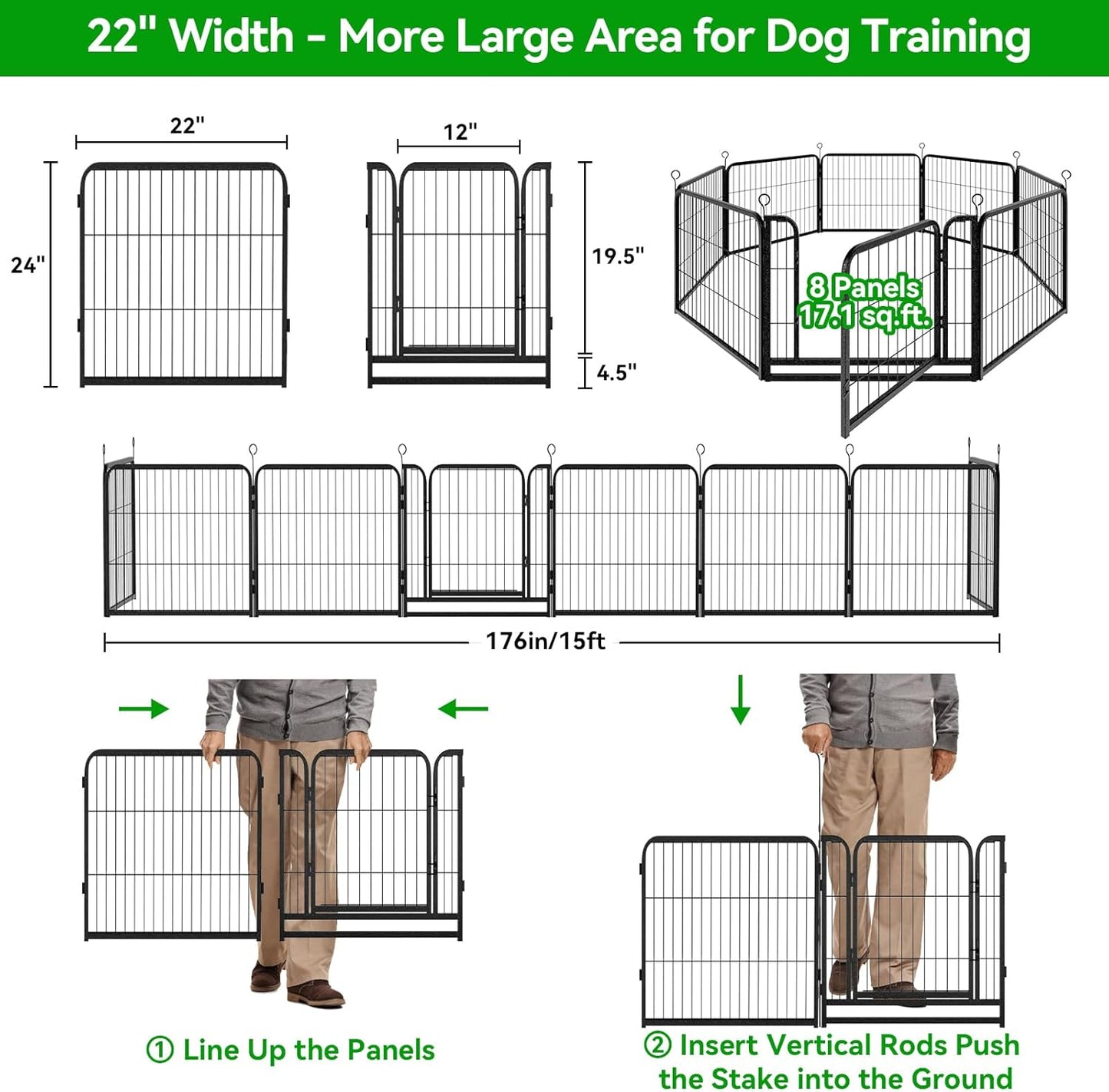 Puppy Playpen 8 Panels Small Dog Fence Outdoor Indoor Use 24" Height Anti-Rust with Doors Portable Dog Play Pen for RV Camping Yard, Total 17FT, 25 Sq.ft, Snowy Black