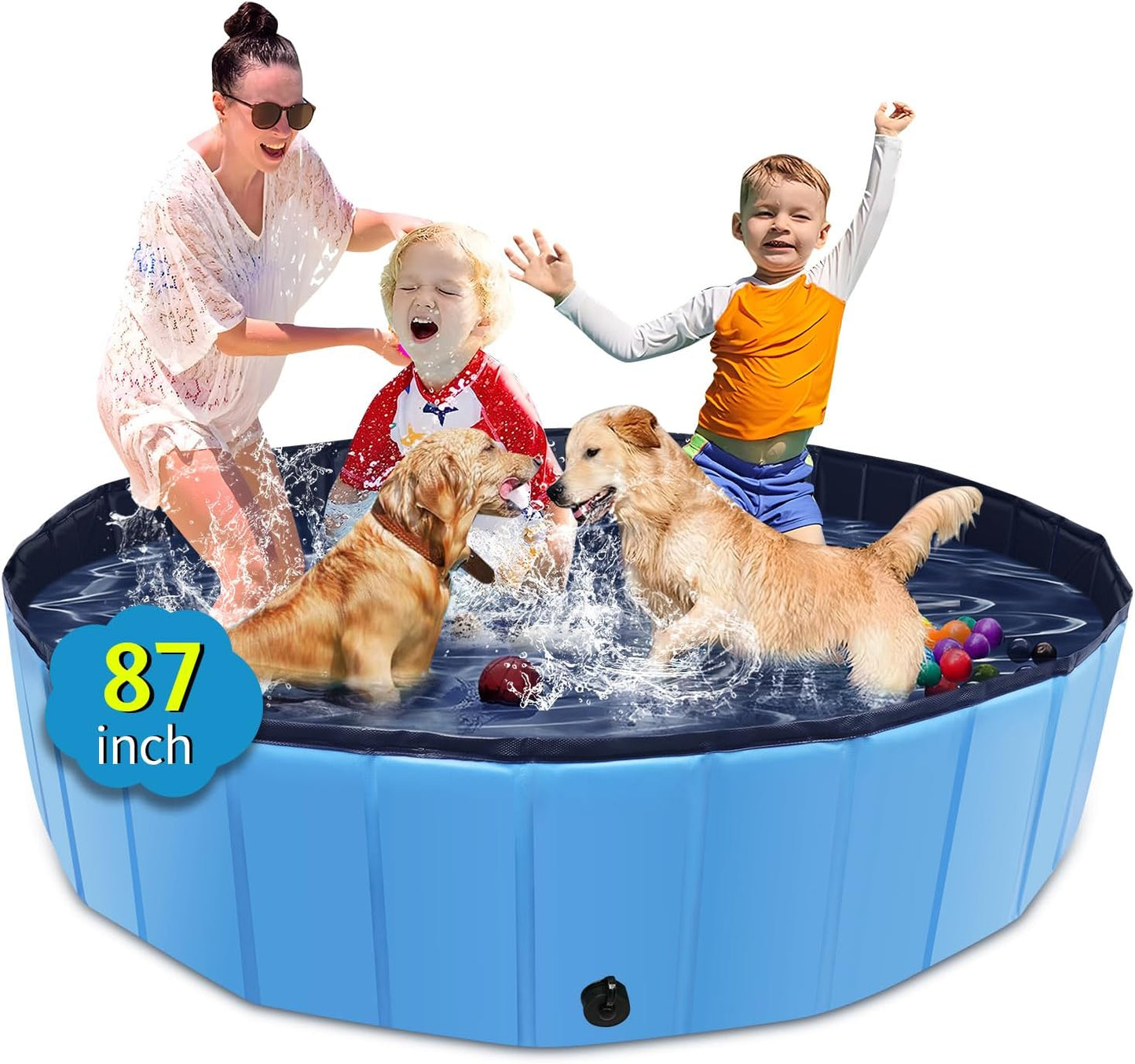 Foldable Dog Pool, 87" x 14" Large Kiddie Pool with Hard Plastic, Non-Slip Dog Bath Tub for Outdoor Backyard, Collapsible Dog Swimming Pool for Kids Dogs Pets (Blue)