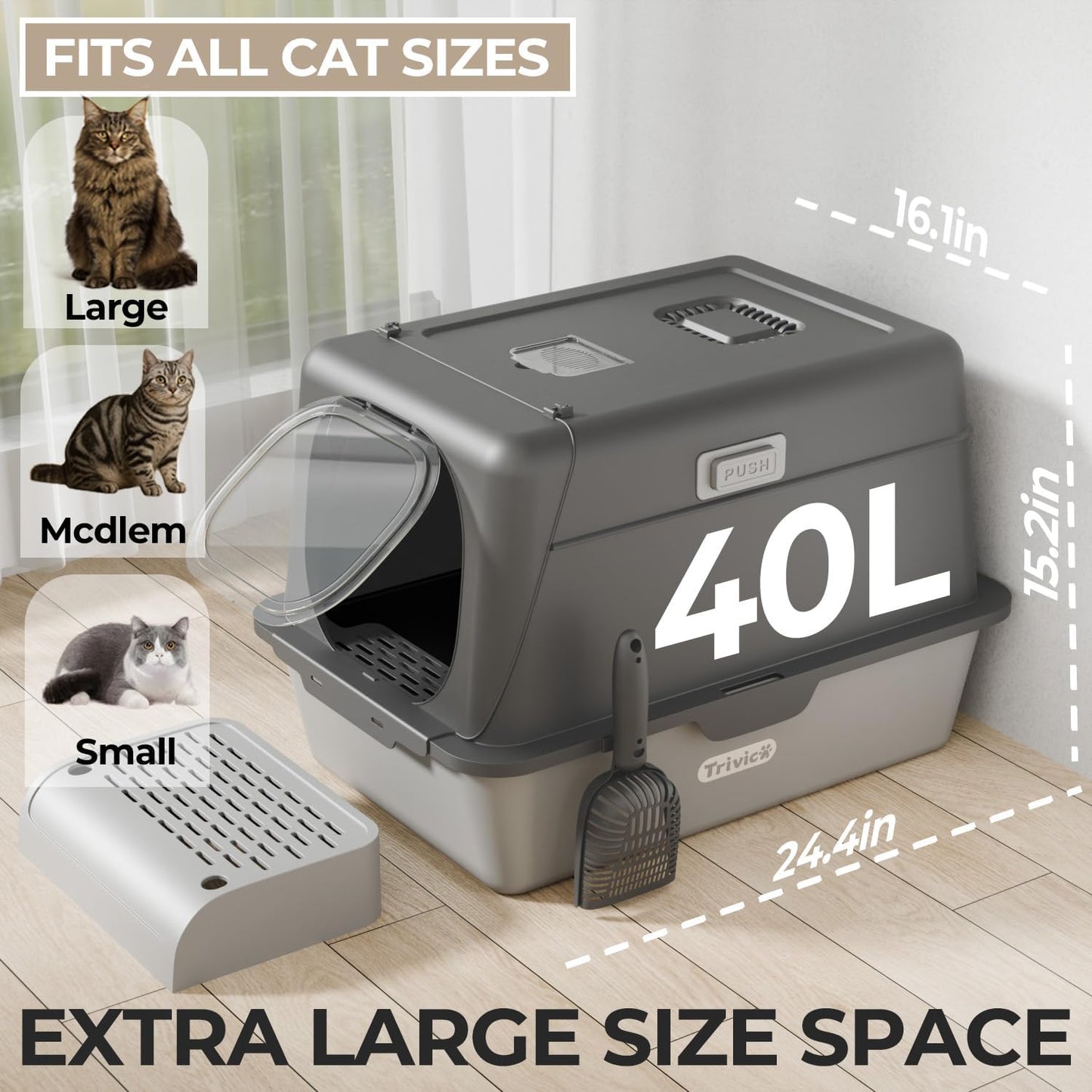 XX-Large Stainless Steel Cat Litter Box with Lid – Fully Enclosed Large Litter Box for Big Cats, Odor Control with Magnetic Door, Easy Clean, Multi-Cat Durable Metal Pan.(Grey)