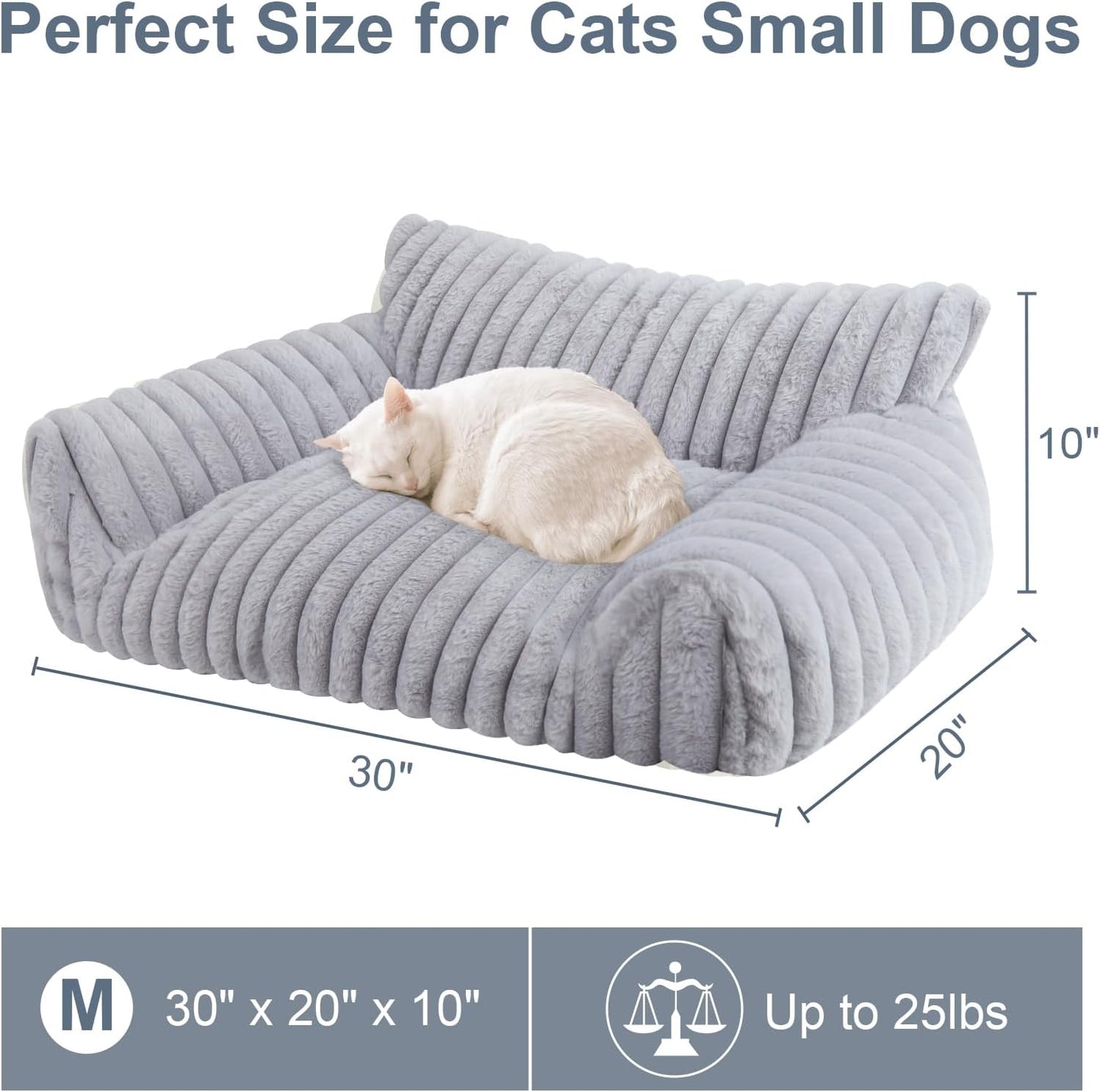 Cute Cat Couch Bed for Indoor Cats, Fluffy Pet Cat Sofa with Premium Soft Corduroy Fleece, Cute Small Dog Beds for Small Dogs, Fuzzy Puppy Chair with Removable Washable Cover (30x20x10,Grey)