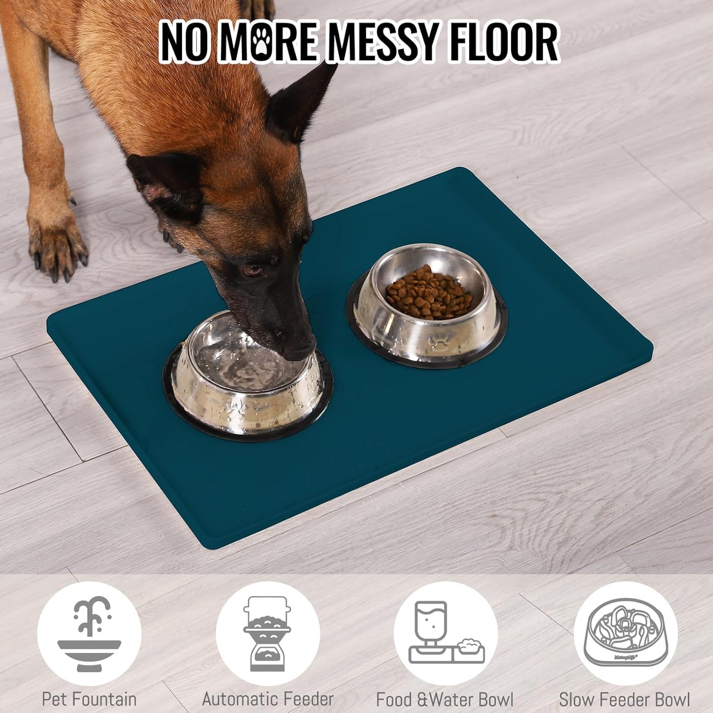 MateeyLife Dog & Cat Food Mat, Waterproof & Nonslip Silicone Feeding Mats for Dogs and Cats, Raised Edge Tray for Messy Drinkers, 24"x16", Navy