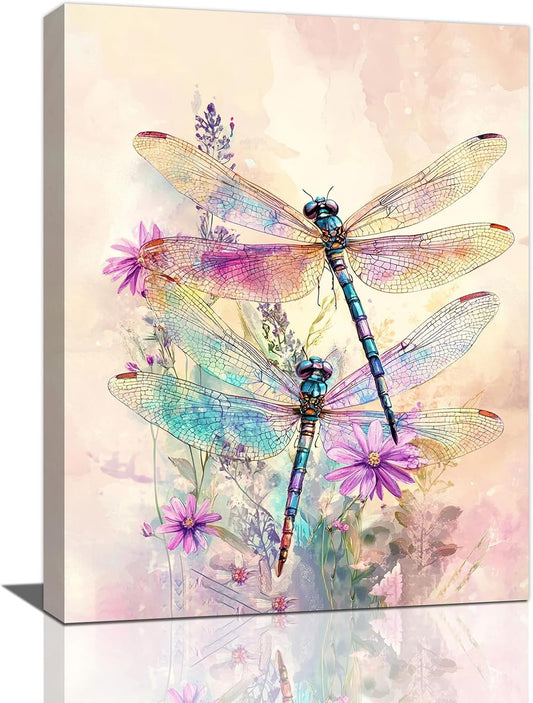 Dragonfly Bathroom Pictures Wall Art, Floral Bathroom Wall Decor, Framed Painting Canvas Artwork for Bedroom Living Room Decorations 20"L x 16"W