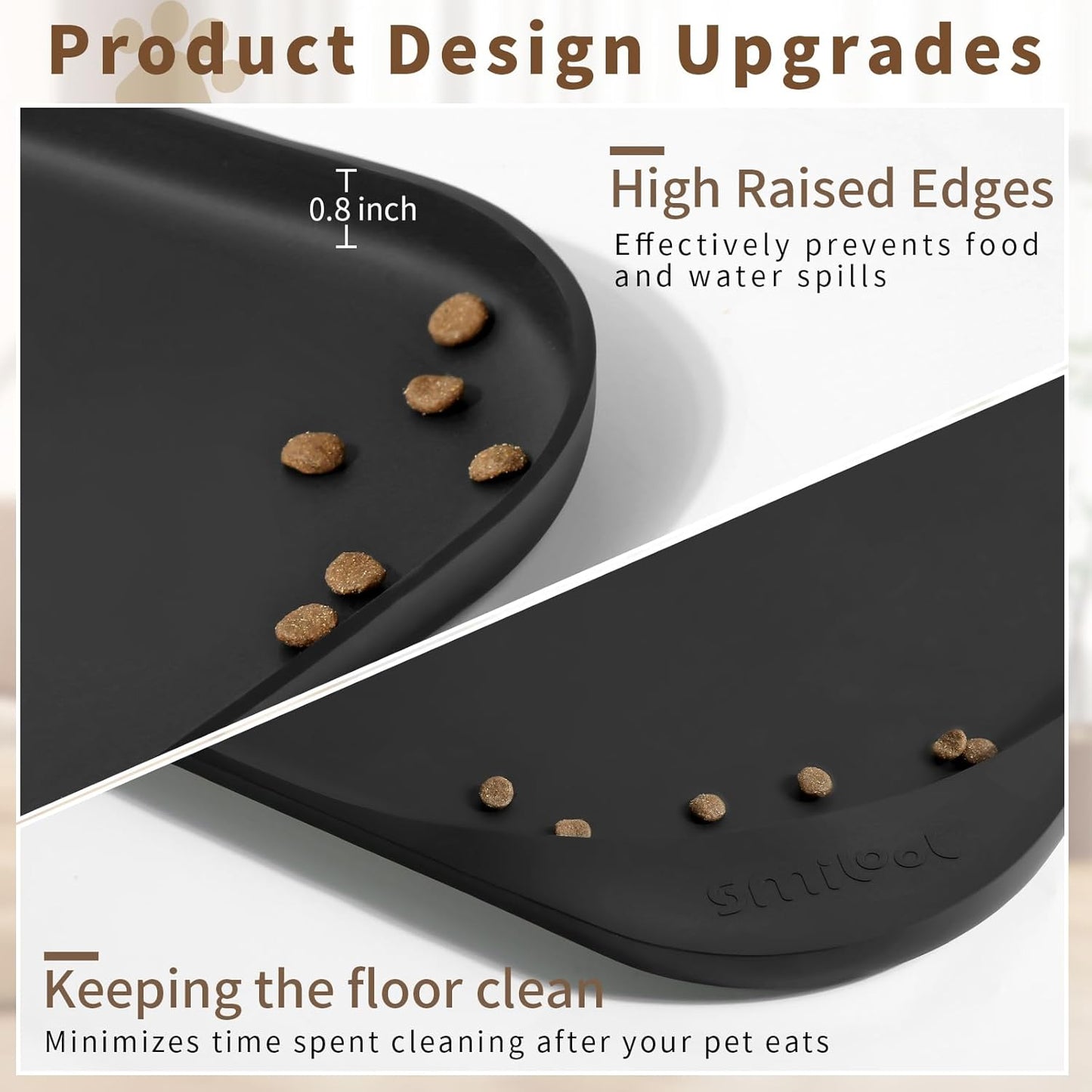 Silicone Pet Feeding Mat with Raised Edge & Residue Collection Pocket for Food and Water, Dog Bowl Mats, Cat Bowls Placemat with High Lip for Floor Waterproof, 22 x 14 x 0.8 Black