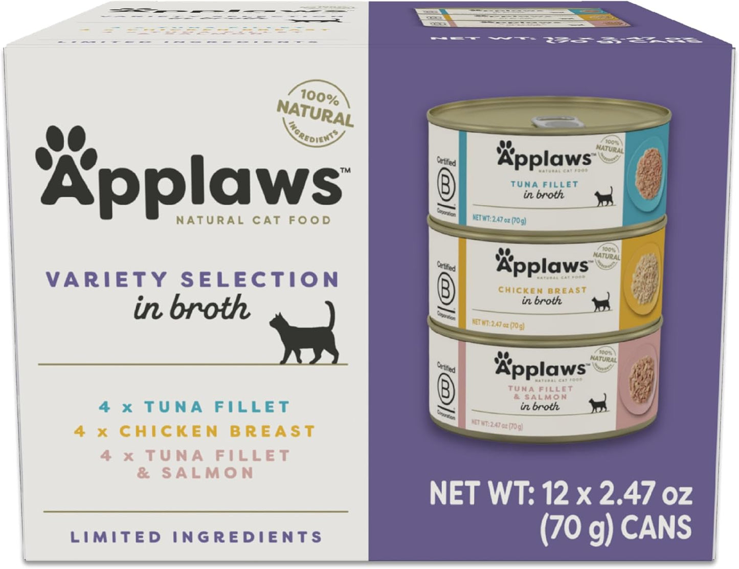 Applaws Natural Wet Canned Cat Food, Made with Limited and Natural Ingreidents, Real Protein with No Artificial Additives, Variety Pack in Broth (12 x 2.47oz Cans)