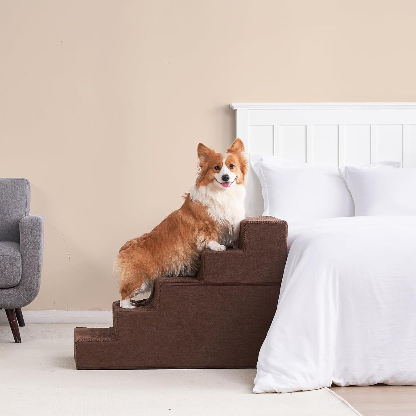 EHEYCIGA Dog Stairs for High Bed 25" H, 5-Step Extra Wide Dog Steps for Bed, Pet Steps for Small Dogs and Cats, Non-Slip Balanced Pet Ramp Indoor, Brown