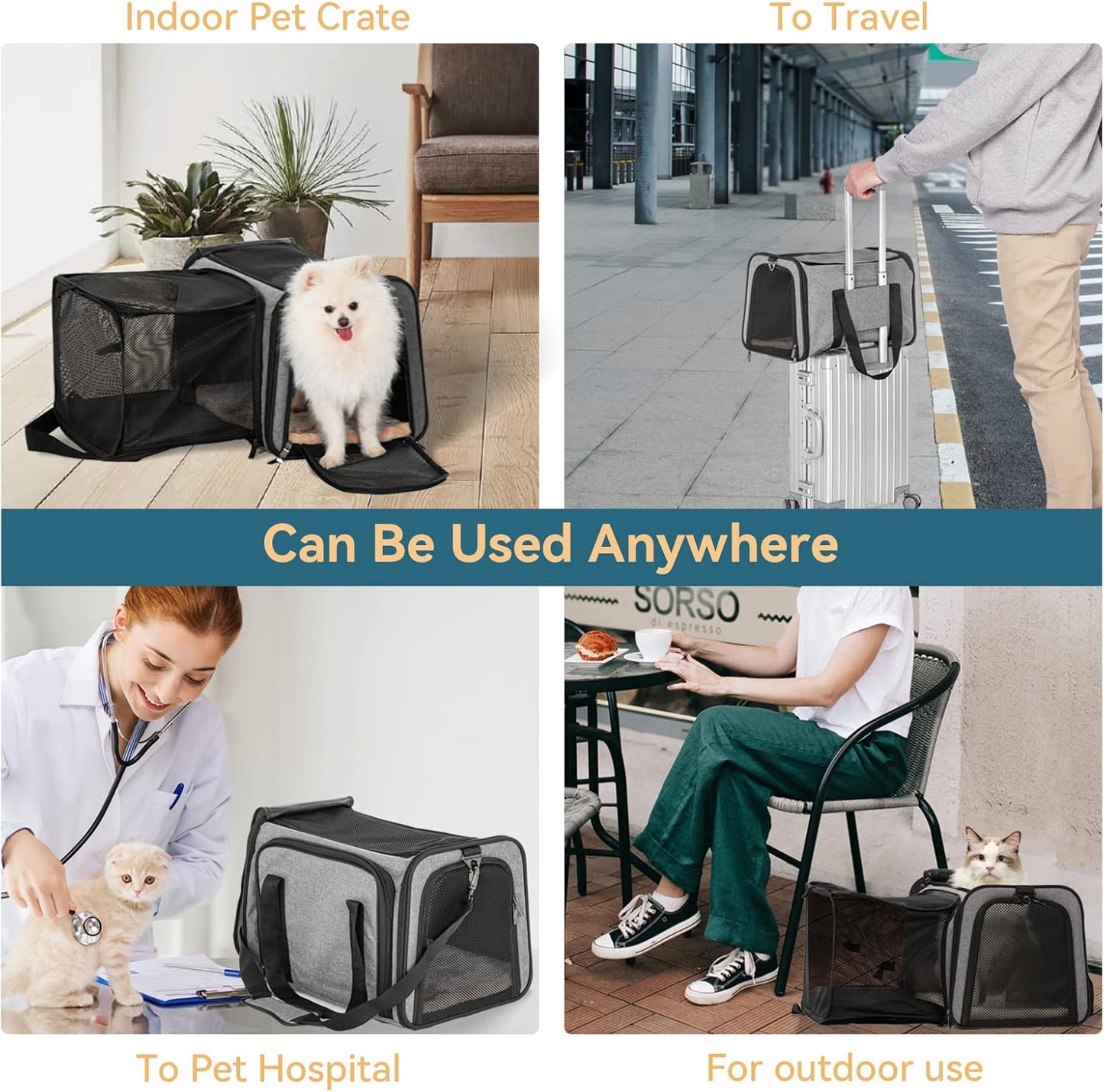 Petsfit Expandable Pet Carrier for Cat Or Puppy Up to 18 Pounds, Square Extension Add More Space, Washable Soft Pet Carrier for Home Outdoor Travel, 19"X12" X12" Gray