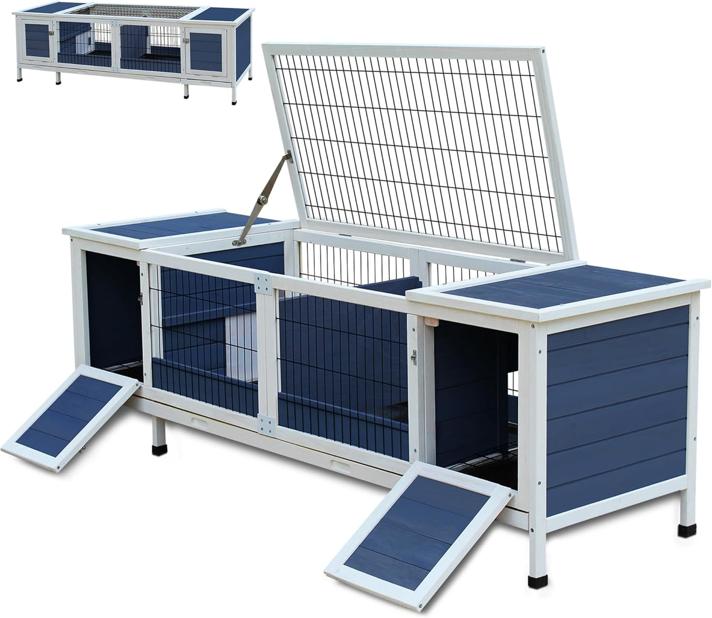 Rabbit Hutch Indoor Leakproof Bunny Cage Fir WoodenOutdoor Bunny House with Wire Floor Leakproof Plastic Tray (Blue)