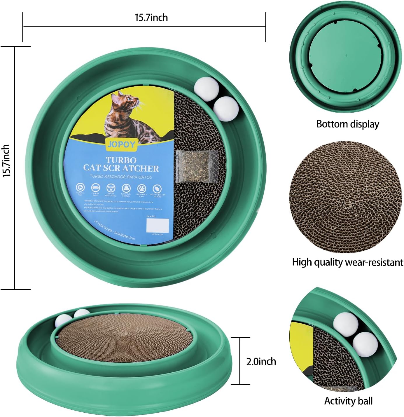 Interactive Cat Scratcher with Two Rotating Balls,Durable Scratch Pad for Indoor Play,Cardboard Cat Scratcher Pad with Cat Toy Ball Track and Catnip,2-in-1 Cat Toy (Green)
