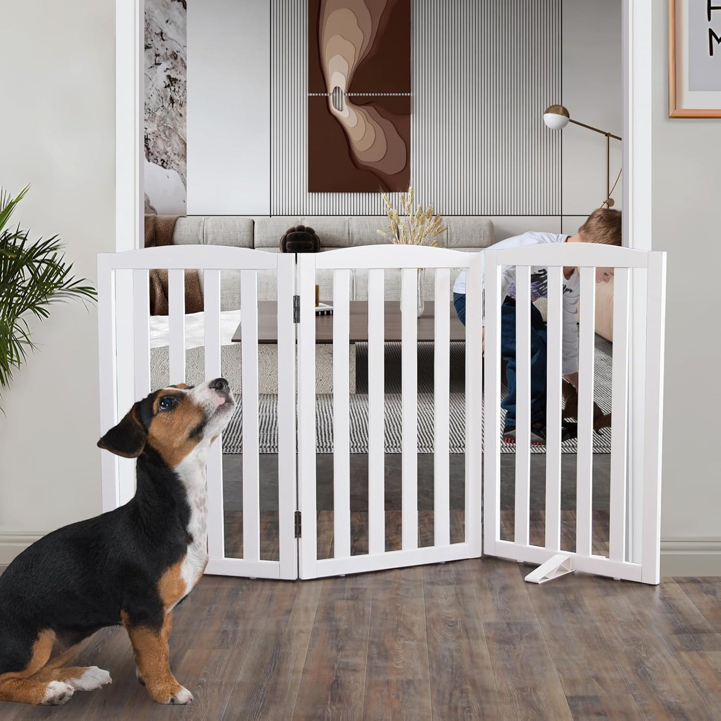 ZJSF Foldable Freestanding Indoor Dog Gate for House Wood White Long Pet Gates Dog Fence for Stairs Puppy Gates for Hallways,Pet Fence, Puppy Gate,Support Feet Included 32 "Height-3 Panels