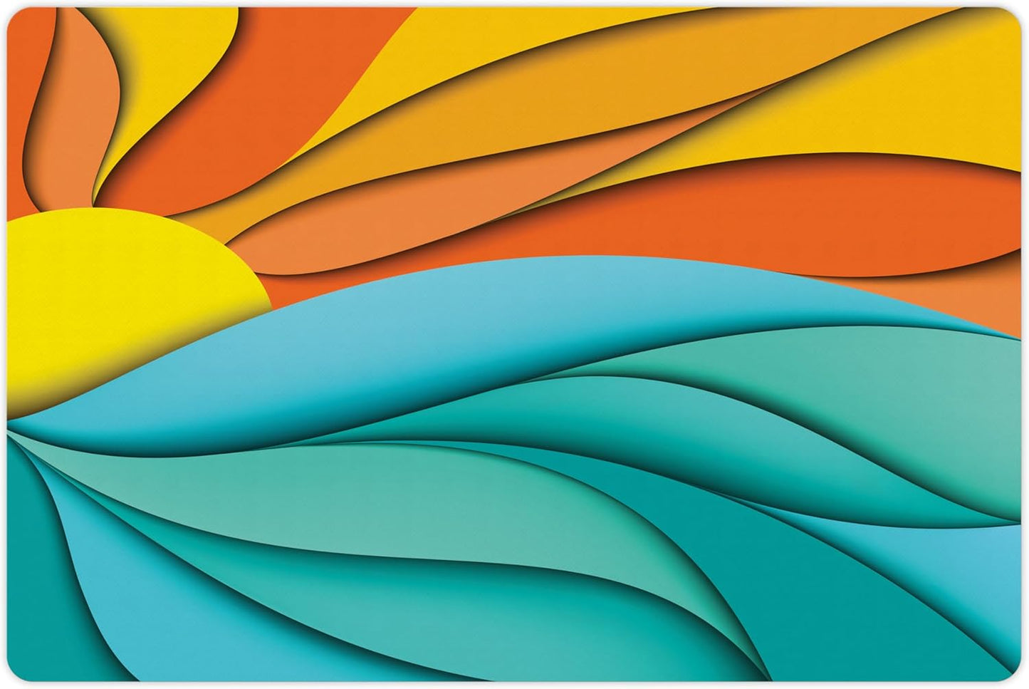 Lunarable Sun Pet Mat for Food and Water, Abstract Sunset and Sunrise Concept Ocean Sea Waves Backdrop, Non-Slip Rubber Mat for Dogs and Cats, 18" X 12", Turquoise Orange