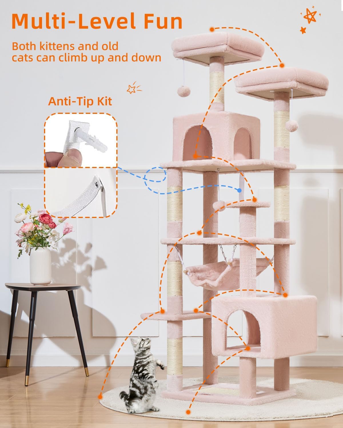 Taoqimiao Cat Tree, 68-Inch Cat Tree Cat Tower for Indoor Cats, Plush Multi-Level Cat Condo with 6 Scratching Posts, 2 Perches, 2 Caves,Hammock, 3 Pompoms,MS020SP Jelly Pink