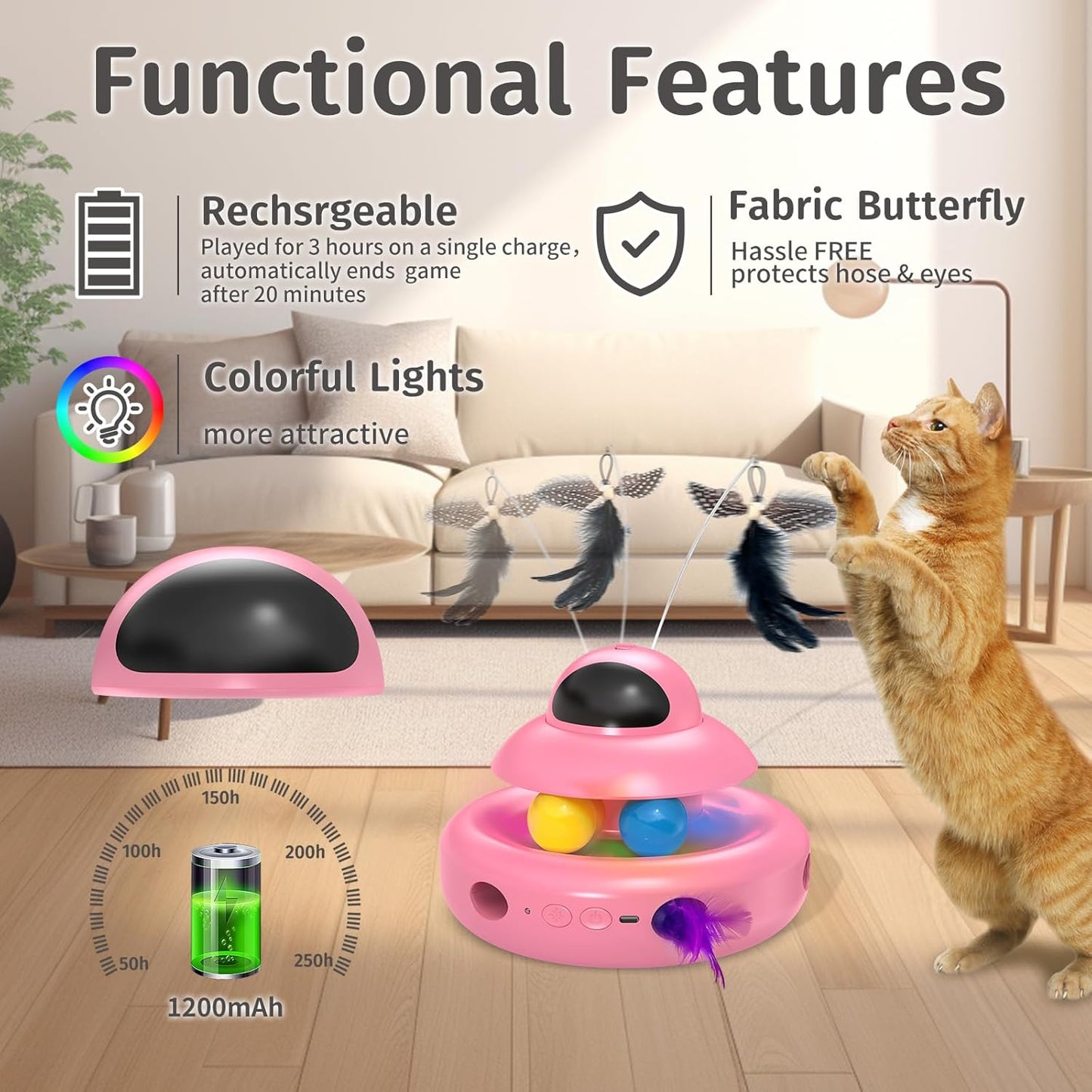 Automatic Cat Toys,4-in-1 InteractiveCat Toys for Bored Indoor Adult Cats, Electric Flying Butterfly,Rechargeable Moving Ambush Feather,Pink Kitter Toy Track Balls