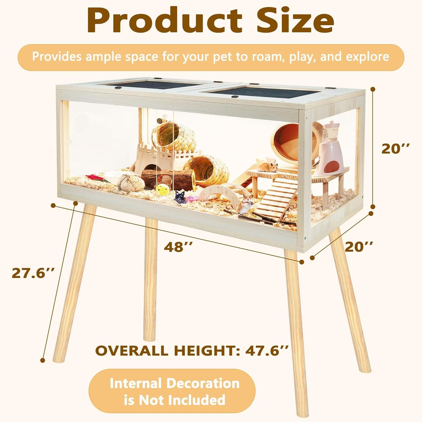 Prolee Hamster Cage Chewproof, Mice and Rat Habitat with Transparent Sides, Hamster Cage with Openable Mesh Top, Solid Built with Lock Design and Leg Stand, 48" inch