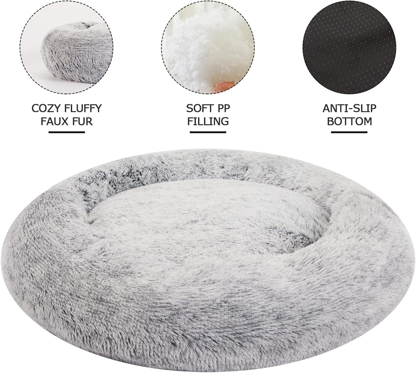 Bedfolks Calming Donut Dog Bed, 36 Inches Round Fluffy for Large Dogs, Anti-Anxiety Plush, Machine Washable (Dark Grey, Large)