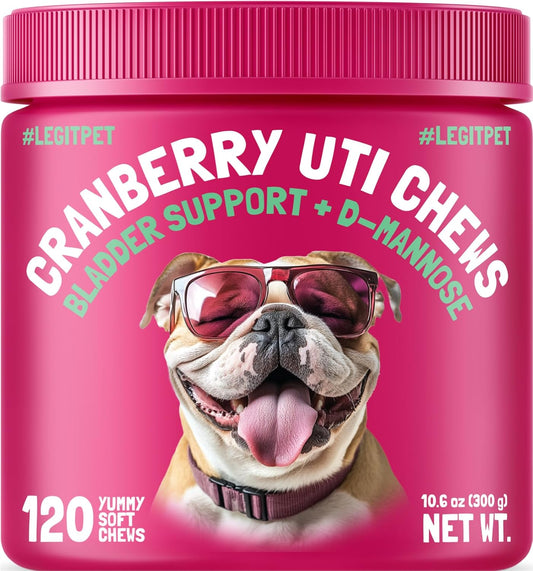 Cranberry UTI Chews for Dogs Bladder Support + D-Mannose Supports Kidney Urinary Tract and Bladder Health Natural Cranberry Wellness Supplement Immune System Booster Natural Pet Antioxidant 120 Chews