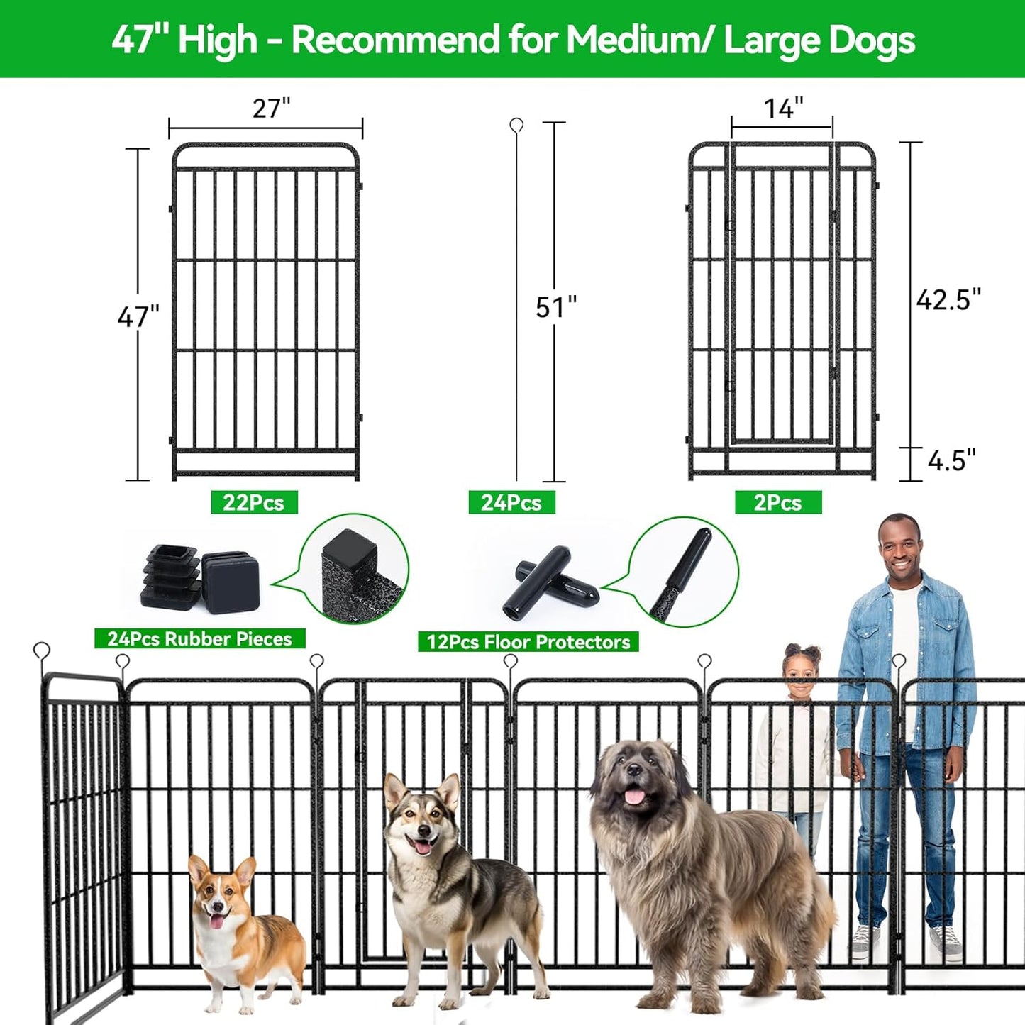 Dog Playpen Outdoor 24 Panels Heavy Duty Dog Fence 47" Height with Thick Pipe Anti-Rust with Doors Portable for RV Camping Yard, Total 54FT, 227 Sq.ft, Snowy Black