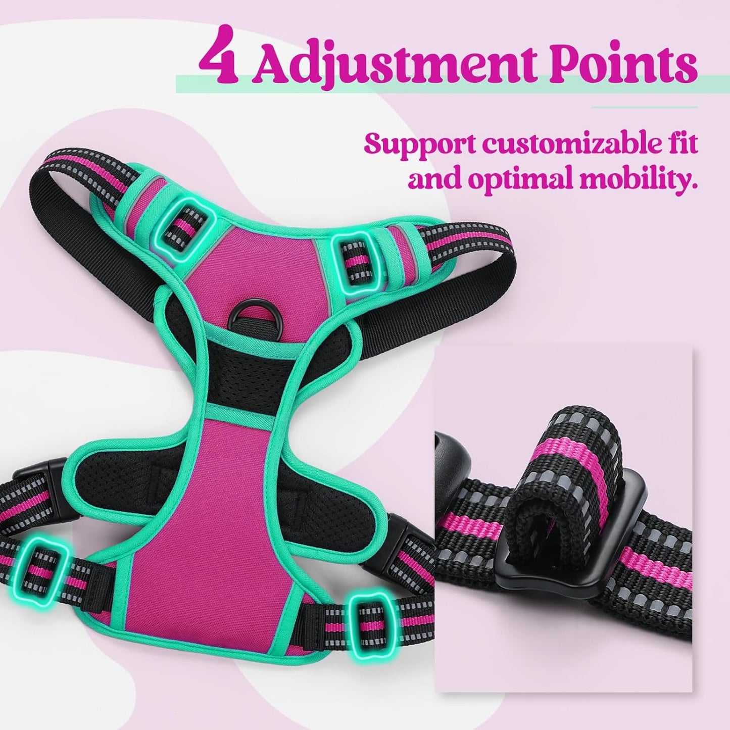 rabbitgoo Dog Harness No Pull with 2 Leash Clips, Adjustable Soft Padded, Reflective Oxford No Choke Pet Vest with Easy Control Handle for Large Dogs, Hot Pink & Turquoise, S