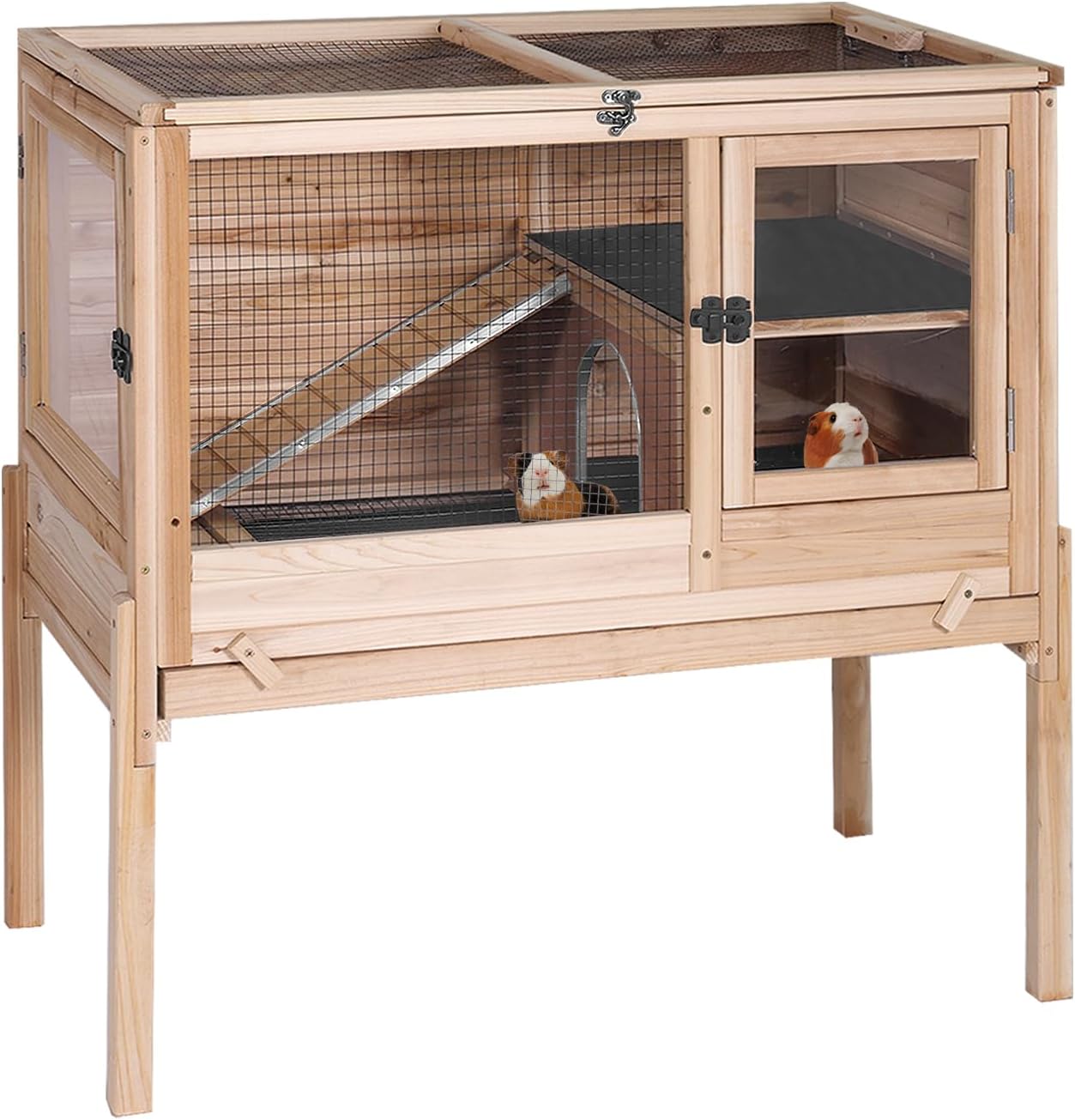 GUTINNEEN Wooden Rabbit Hutch Bunny Cage Guinea Pig Cage with Legs for Indoor & Outdoor, 2-Story Small Animal Cage with Leakproof Pull-Out Tray for Bunnys, Guinea Pigs, Hamsters (Natural Wood)