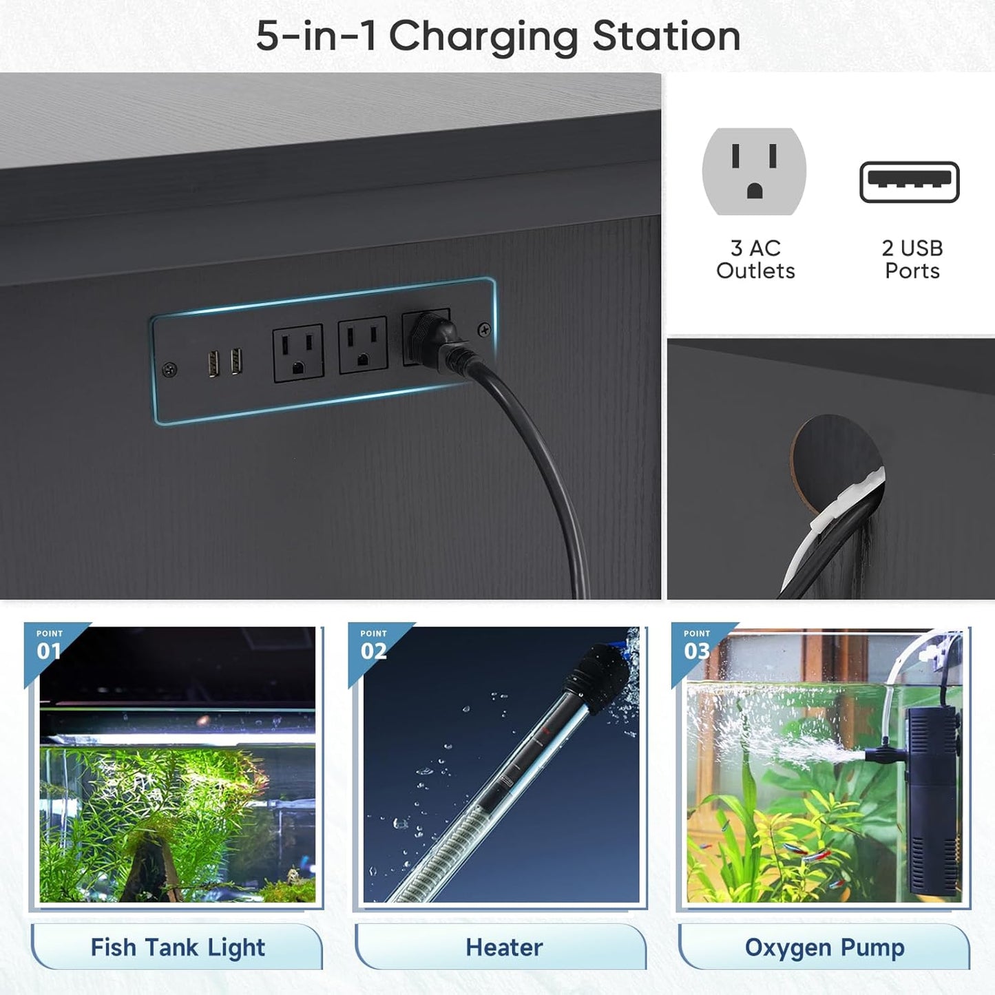 Verano 55-75 Gallon Aquarium Stand with Storage Cabinet, Fish Tank Stand with Power Outlets & LED Light, Wooden Turtle Tank 52 inch x 19.7-inch Desktop, Heavy Duty Steel Frame,1100LBS Capacity (Black)