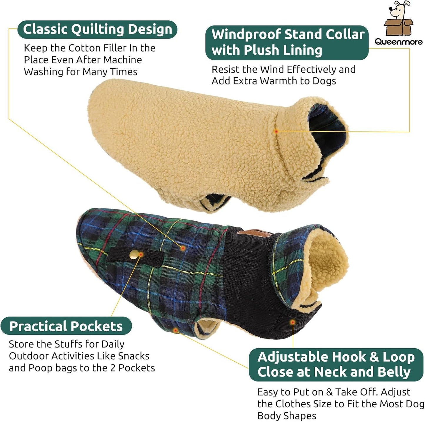 Queenmore Dog Winter Coat Warm Dog Jacket for Cold Weather, Quilting Puffer Plaid Coats for Small/Medium Dogs Waterproof,Girl/Boy Pet Christmas Coat,Pet Snowsuit with Leash Hole/Fleece Padding, M