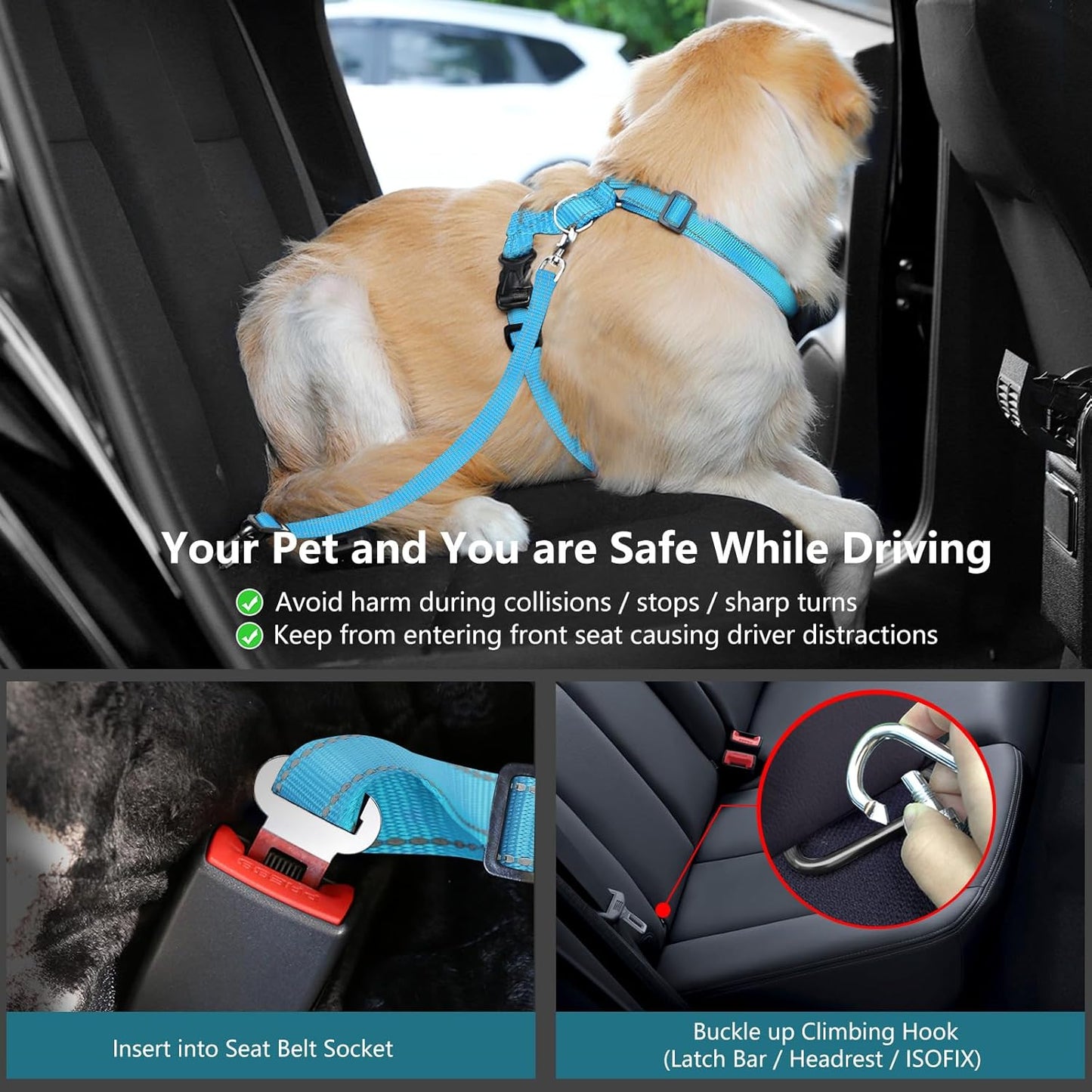 Dog Seat Belt Harness for Car, Dog Car Harness Adjustable Mesh Breathable & Dogs Seatbelt Safety Tether with Elastic Bungee for Small Medium Large Pets(Blue, M)