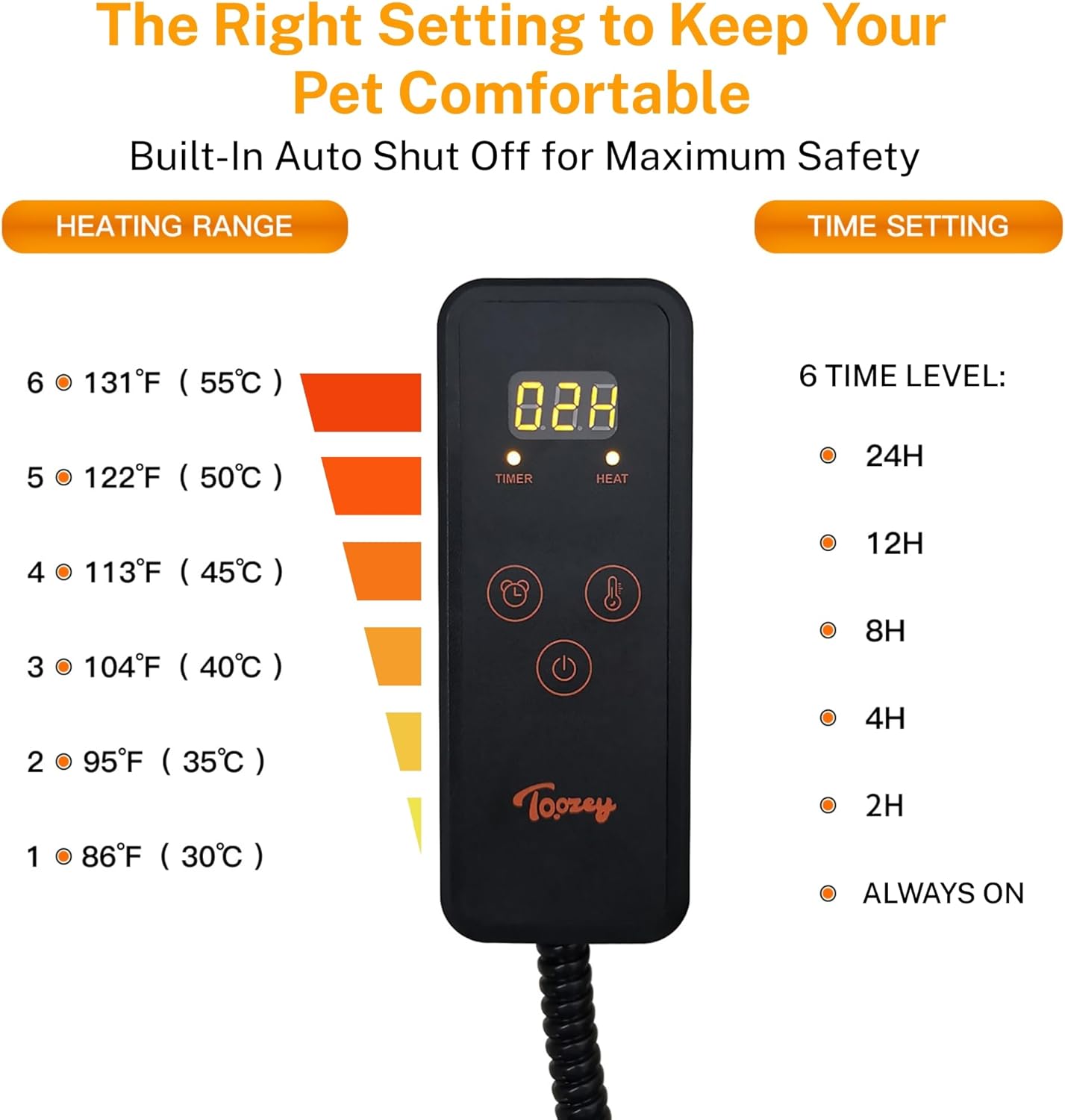 Toozey Medium Pet Heating Pad, 28x20 in, 6 Temp Settings, Timer, Waterproof, Chew-Resistant Cord, for Dogs and Cats
