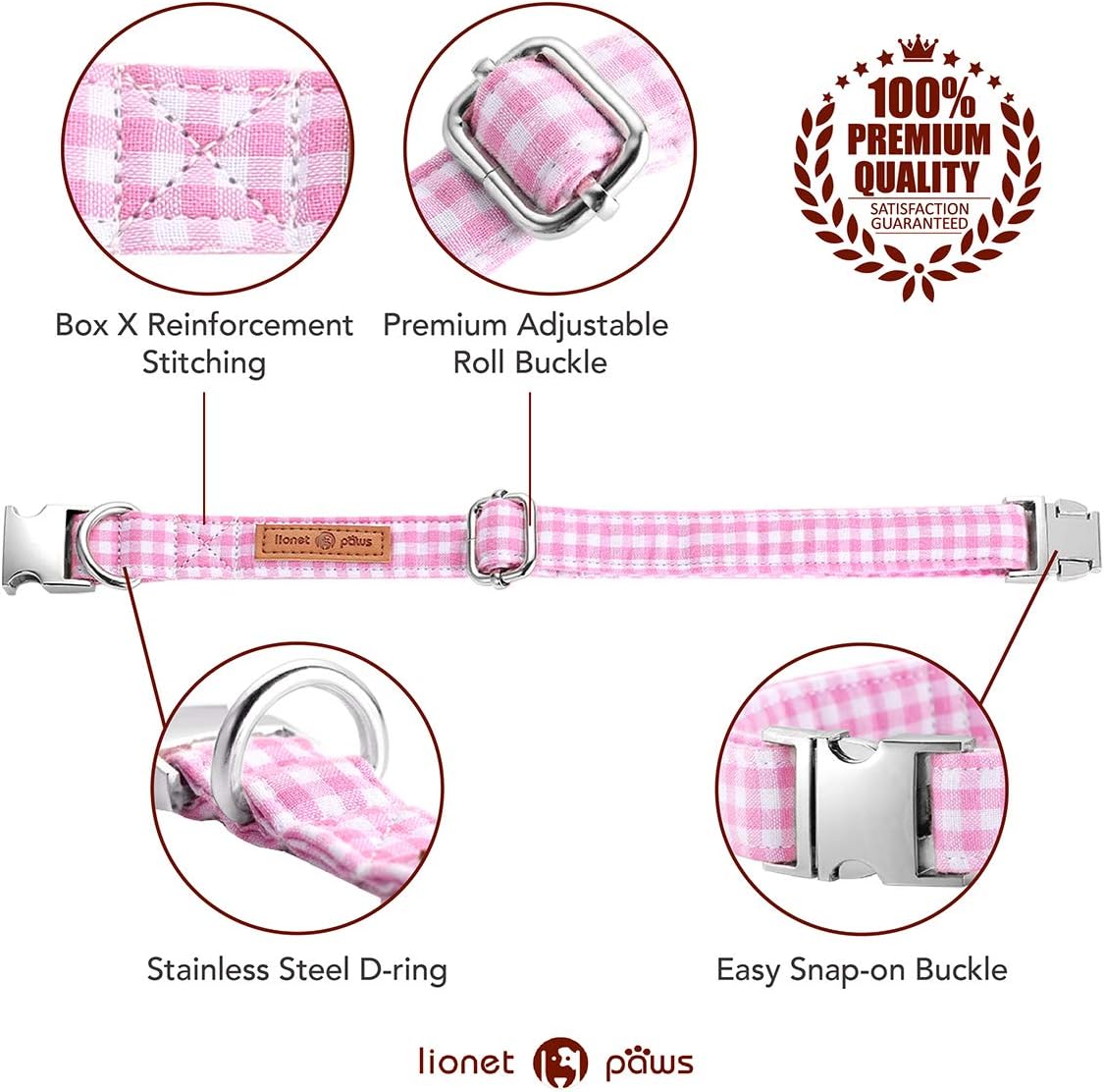 Lionet Paws Dog Collar with Bowtie, Comfortable Adjustable Cute Pink Gingham Bow Tie Collar for Female Dogs Gift, XLarge, Neck 16-26 inches