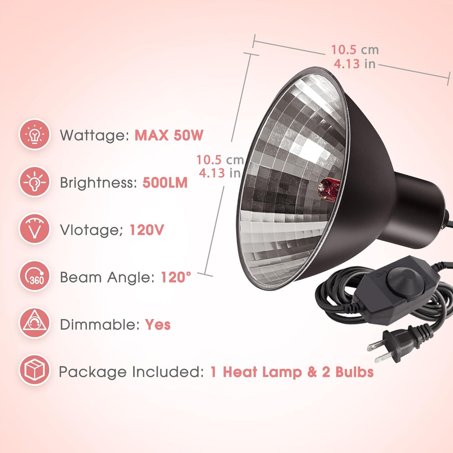 Briignite Reptile Heat Lamp Red, 50W G9 Heat Bulb & Dome Reptile Light Fixture, Aluminum Reflector, Dimmable Heat Lamp for Chicken, Turtle, Snake, Gecko, Lizard, 2 Pack