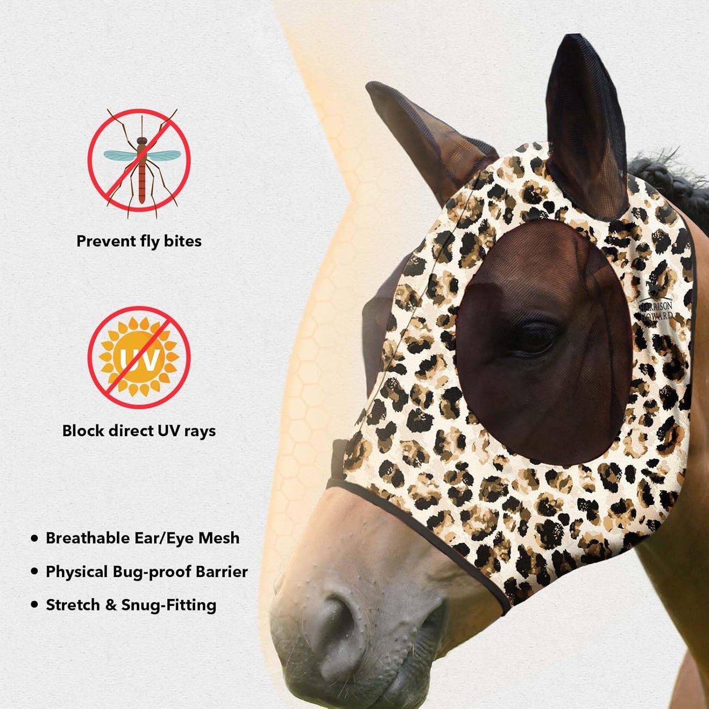 Harrison Howard Super Comfort Stretchy Fly Mask Large Eye Space with UV Protection Soft on Skin with Breathability Leopard Print XL Extra Full Size