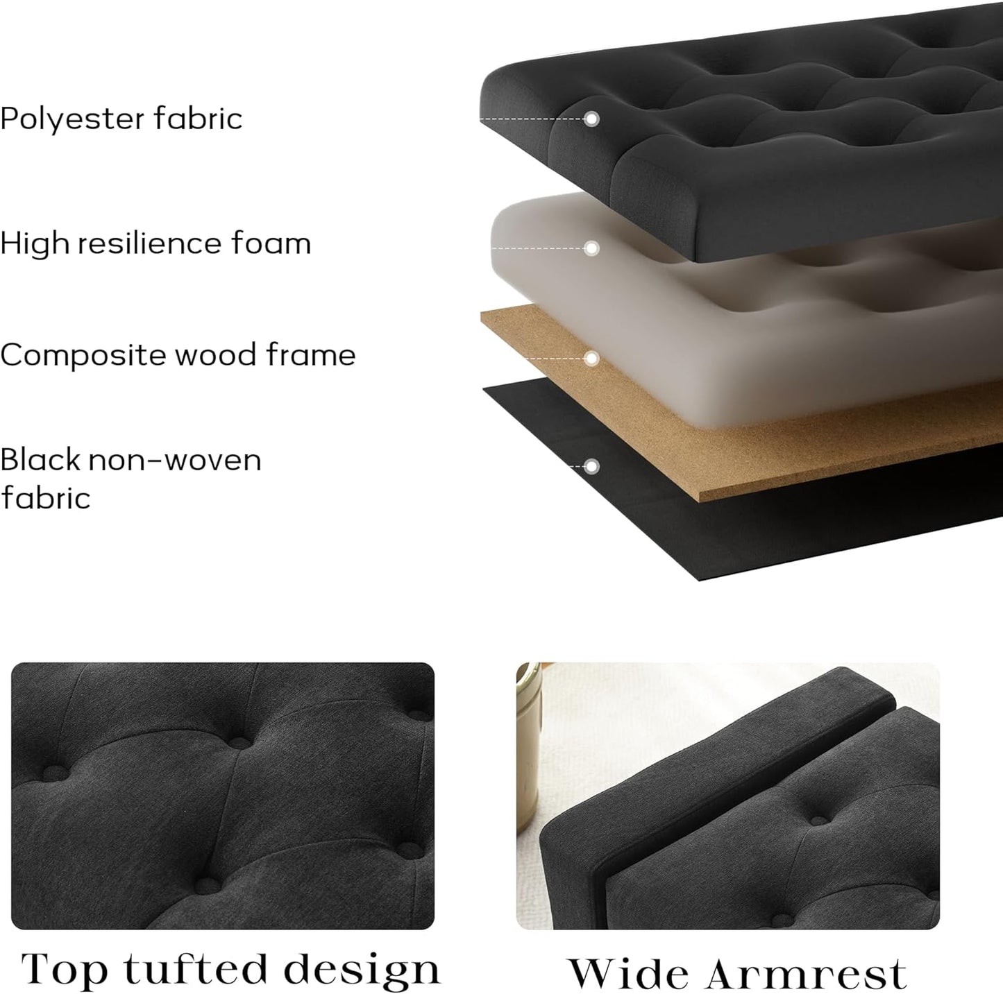 Ottoman with Storage, 48.8" Fabric Storage Ottoman Bench with Hinge, Bedroom Bench, Upholstered Benches with Seating for Living Room, Entryway (Dark Grey)