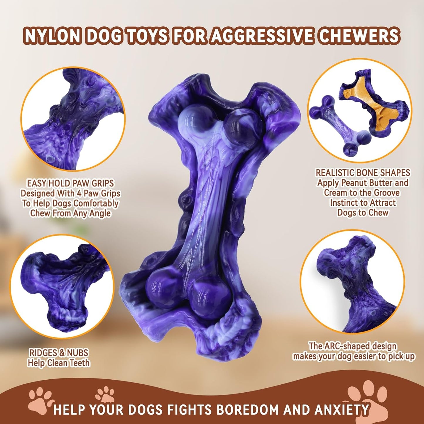 Magicorange Tough Dog Toys, Chew Toys for Aggressive Chewers, Dog Bone Toy Nylon Almost Indestructible Dogs Toy for Teeth Cleaning and Training (Purple)