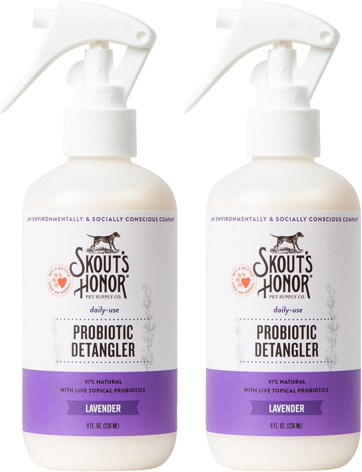 Skout's Honor Pet Detangler Spray - Hydrating & Conditioning with Avocado Oil & Probiotics, 97% Natural, Paraben & Sulfate-Free, softens for a More brushable Coat, Daily Use, 8oz, Lavender, 2-Pack