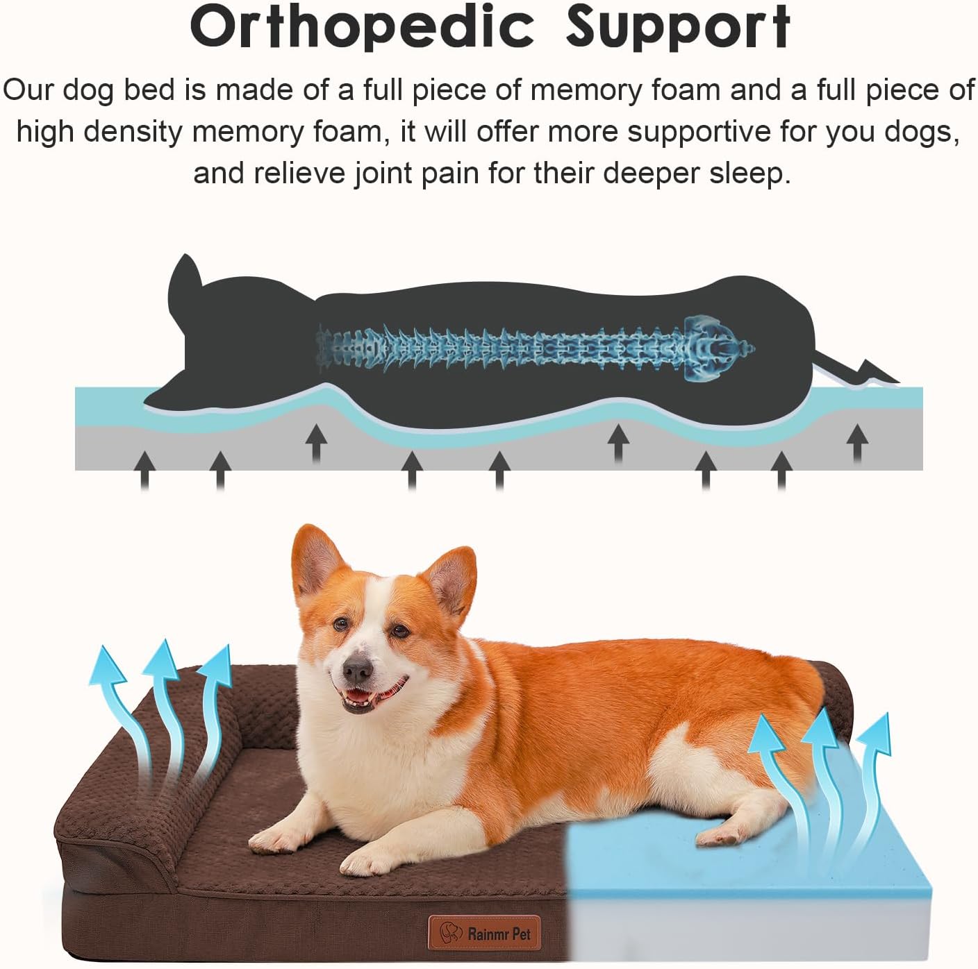 Orthopedic Dog Bed, 3 Inch Memory Foam Dog Beds for Large Dogs, Washable Removable Cover, Nonskid Bottom, Waterproof Pet Couch for Indoor, Outdoor or Car Use, 41x27 Inches XL Brown Grey