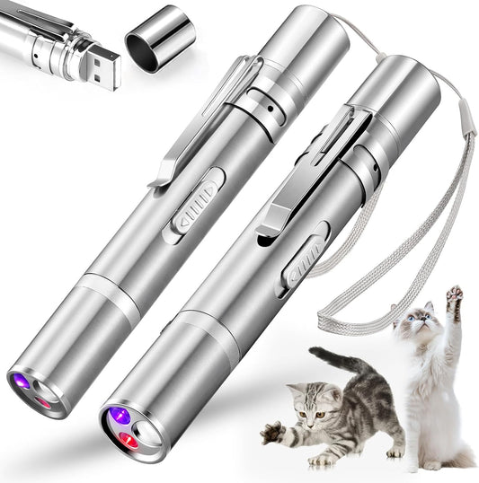 Cat Pointer Toy 2 Pack, Red LED Light Pointer Cat Toys for Indoor, USB Rechargeable 3 Light Colors Interactive Pet Toys, Chaser Training Interactive Toy