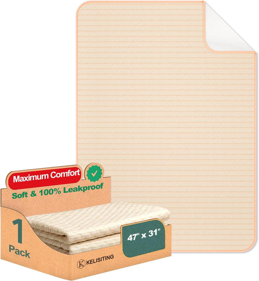 Bed Pads for Incontinence Washable Waterproof, 47" x 31" (Pack of 1) - Reusable Large 4-Layer Soft Pee Pads for Adults, Women, Elderly, Pets, Bed Underpads for Bed, Sofa, Couch, Furniture - KELISITING