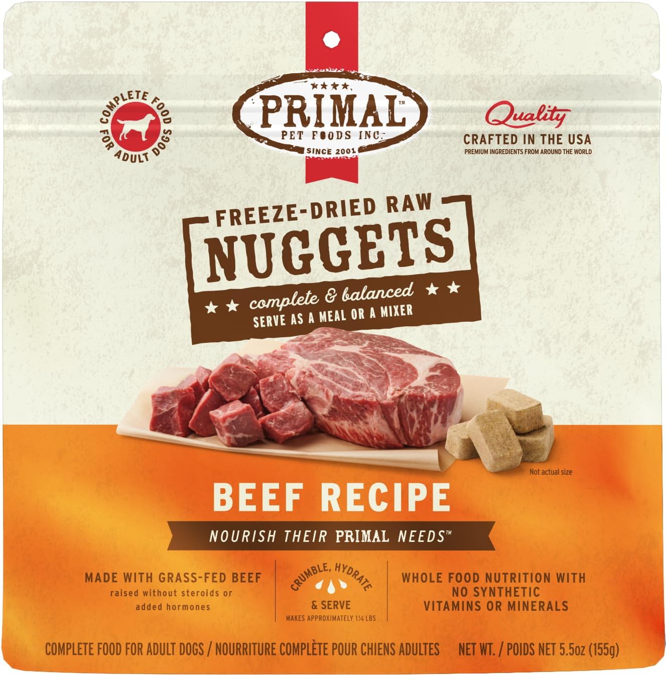 Primal Freeze Dried Raw Dog Food Nuggets, Beef, Complete & Balanced Meal, Also Use as Topper or Treat, Premium, Healthy, Grain Free, High Protein Raw Dog Food, 5.5 oz