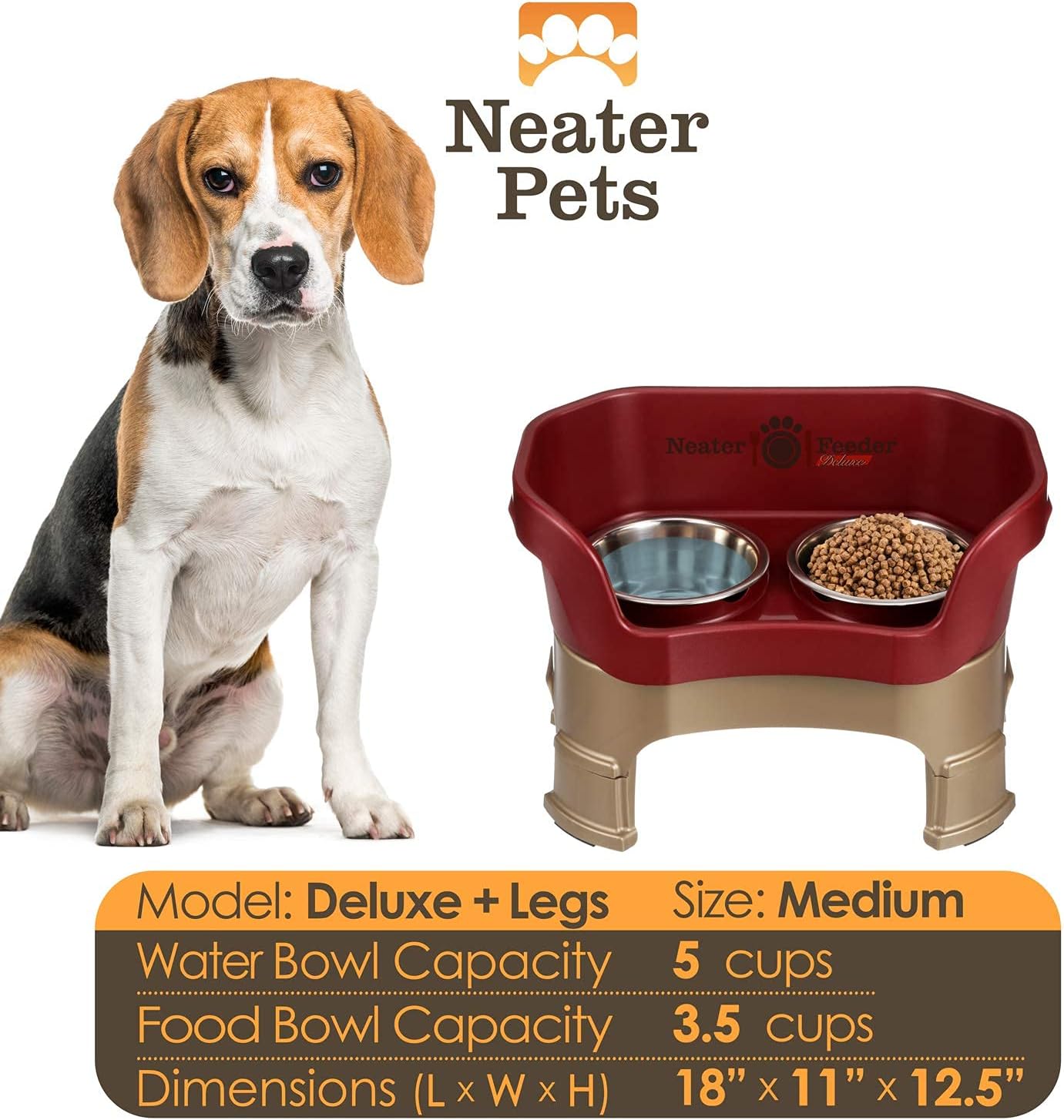 Neater Feeder Deluxe Mess Proof Dog Bowls Elevated Medium Sized Dogs (19-40 lbs) Made in USA, No Spill Raised Dog Food Bowl Stand w/Leg Extension, Stainless Steel Food and Water Bowl Set, Cranberry