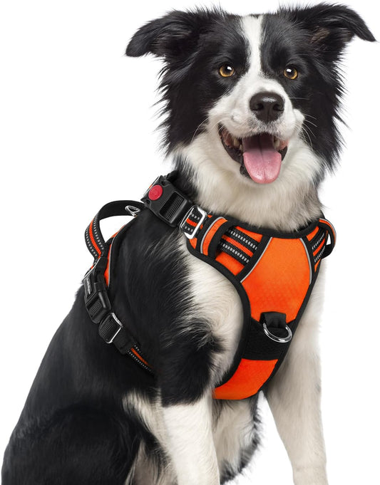 rabbitgoo Dog Harness Medium Sized, No Pull Dog Vest with 3 Buckles, Adjustable Soft Padded Pet Harness with Easy Control Handle and Reflective Strips, Orange, M