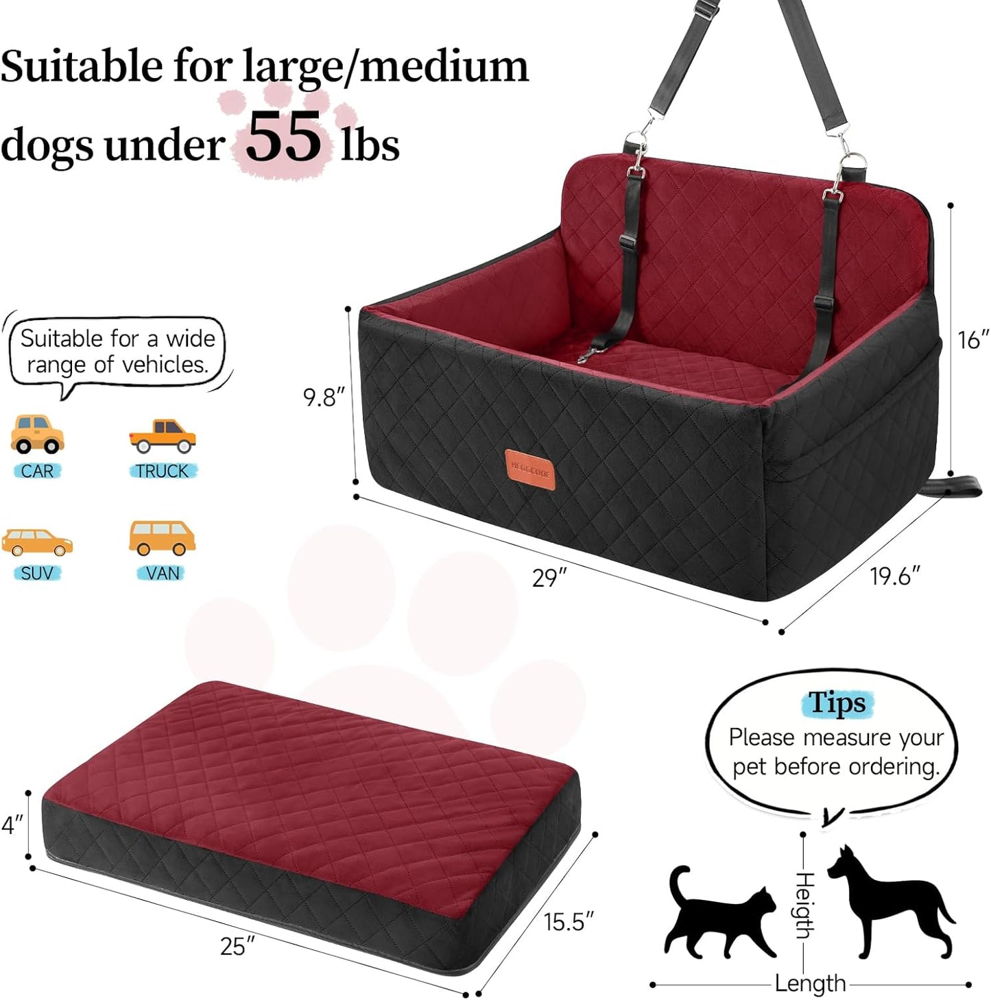 Dog Car Seat for Medium/Large Dogs, Pet Booster Seat for Under 55 lbs or 2 Small Dogs, Detachable & Washable Dog Car Bed for Backseat with 2 Safety Leashes (Blcak/red)