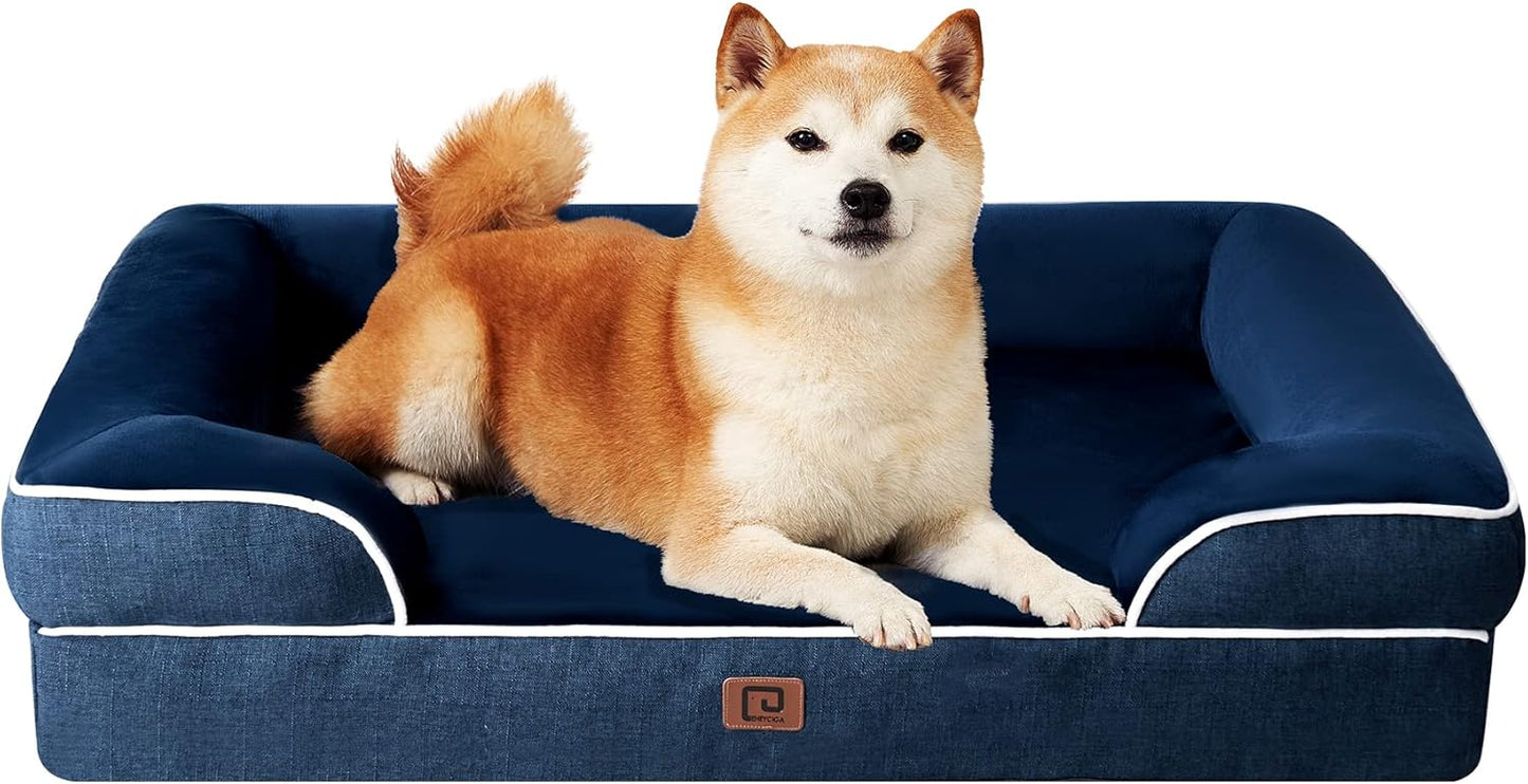 EHEYCIGA Orthopedic Dog Beds for Large Dogs, Waterproof Memory Foam Large Dog Bed with Sides, Non-Slip Bottom and Egg-Crate Foam Pet Couch Bed with Washable Removable Cover, Navy