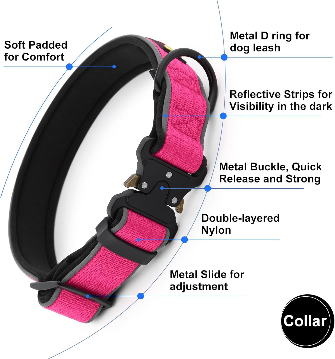 Plutus Pet Tactical Dog Collar, Reflective, Adjustable Heavy Duty Dog Collar, Soft Padded and Comfortable, for Small Medium and Large Dogs (Hot Pink, XL)